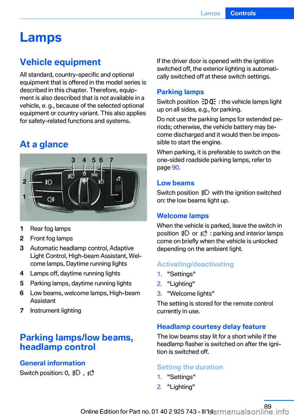 BMW 335I 2014 Manual Online LampsVehicle equipment
All standard, country-specific and optional
equipment that is offered in the model series is
described in this chapter. Therefore, equip‐
ment is also described that is not av