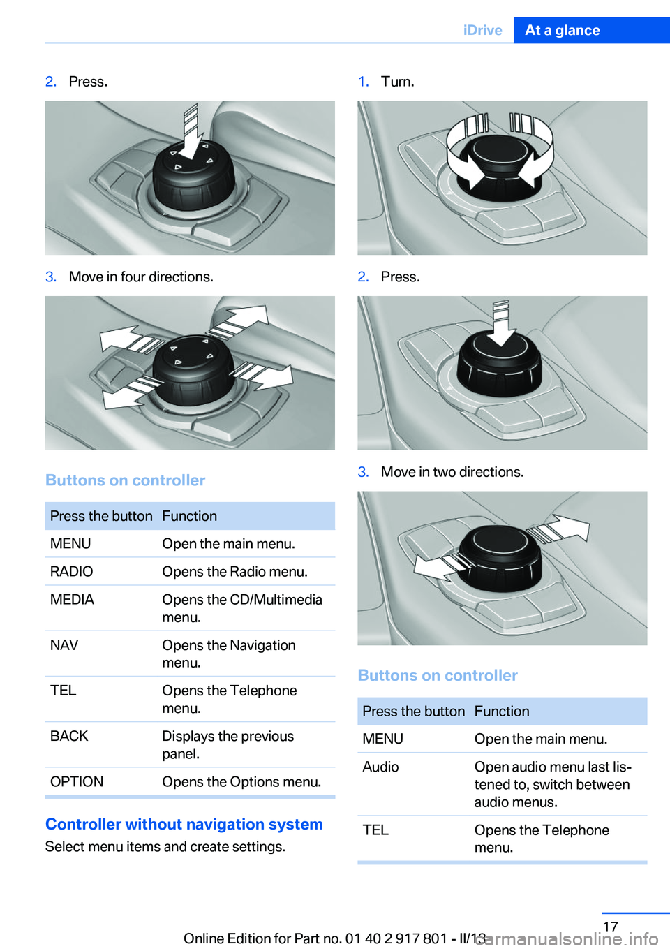 BMW 335I 2013 User Guide 2.Press.3.Move in four directions.
Buttons on controller
Press the buttonFunctionMENUOpen the main menu.RADIOOpens the Radio menu.MEDIAOpens the CD/Multimedia
menu.NAVOpens the Navigation
menu.TELOpen BMW 335I 2013 User Guide 2.Press.3.Move in four directions.
Buttons on controller
Press the buttonFunctionMENUOpen the main menu.RADIOOpens the Radio menu.MEDIAOpens the CD/Multimedia
menu.NAVOpens the Navigation
menu.TELOpen