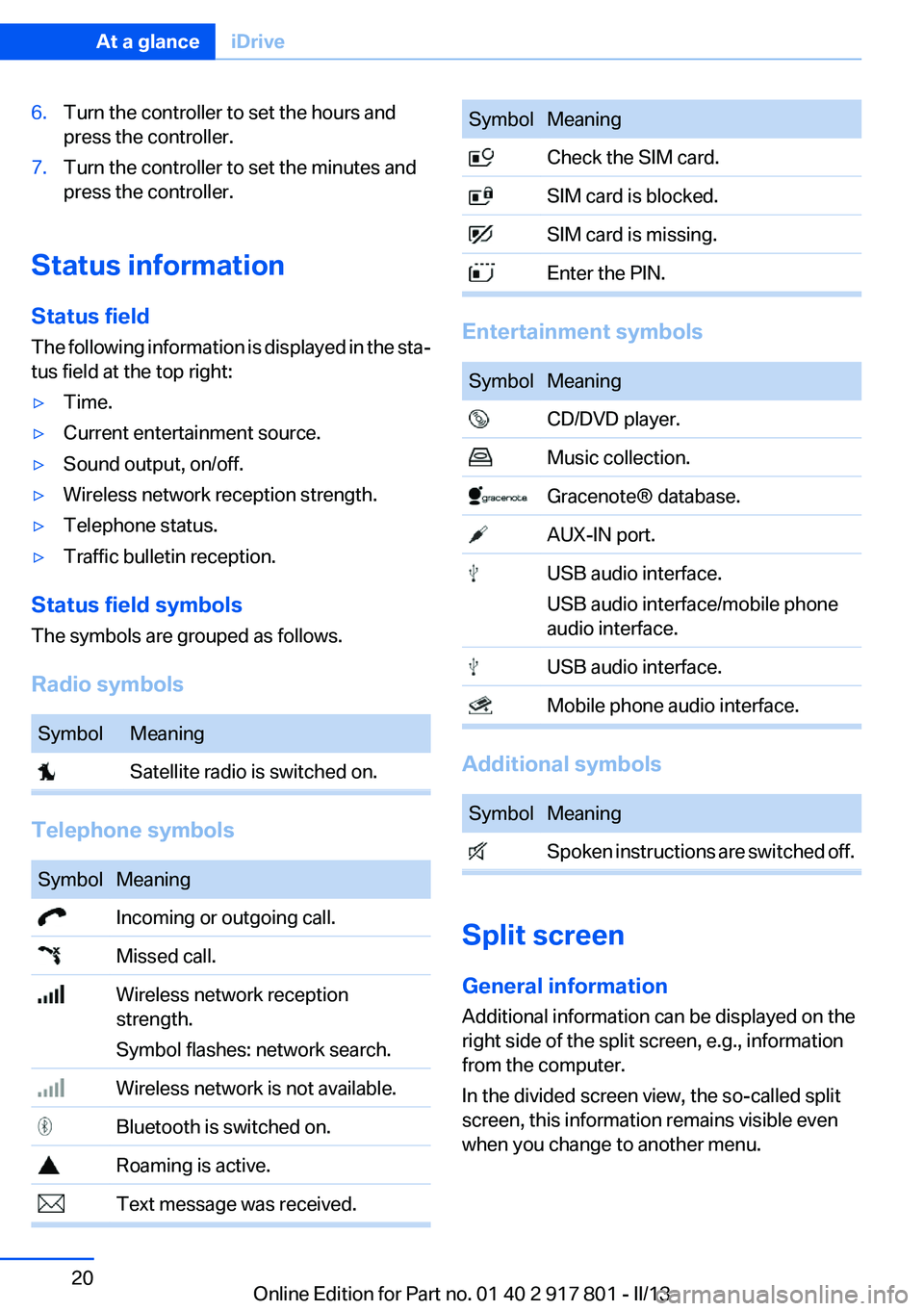 BMW 335I 2013 User Guide 6.Turn the controller to set the hours and
press the controller.7.Turn the controller to set the minutes and
press the controller.
Status information
Status field
The following information is displaye