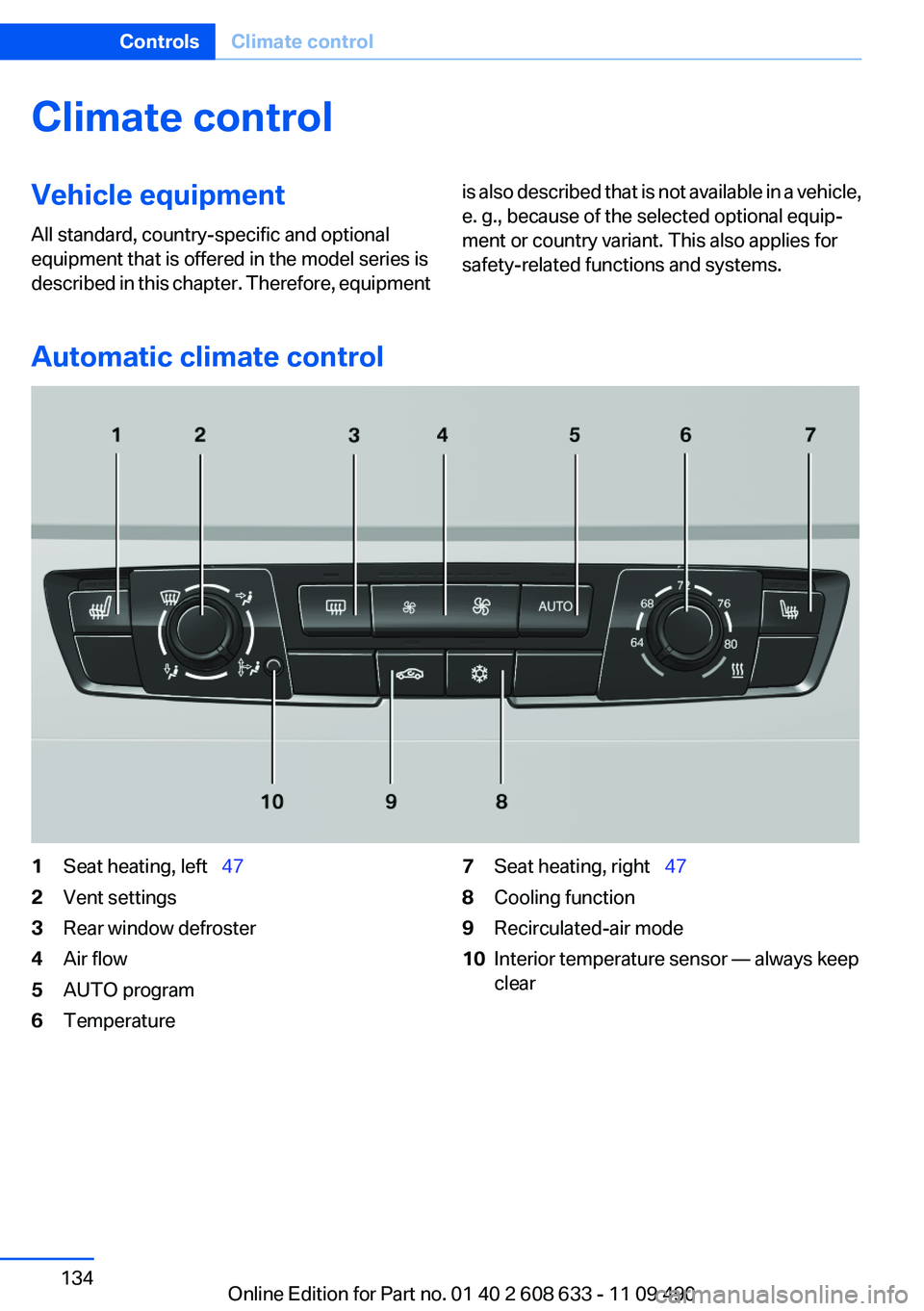 BMW 335I 2012  Owners Manual Climate controlVehicle equipment
All standard, country-specific and optional
equipment that is offered in the model series is
described in this chapter. Therefore, equipmentis also described that is n