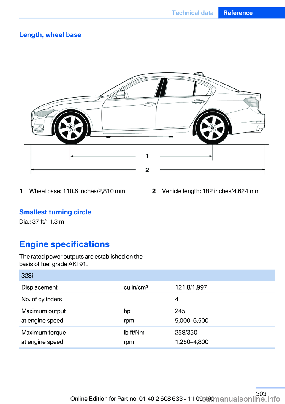 BMW 335I 2012 Owners Manual Length, wheel base1Wheel base: 110.6 inches/2,810 mm2Vehicle length: 182 inches/4,624 mmSmallest turning circle
Dia.: 37 ft/11.3 m
Engine specifications
The rated power outputs are established on the
BMW 335I 2012 Owners Manual Length, wheel base1Wheel base: 110.6 inches/2,810 mm2Vehicle length: 182 inches/4,624 mmSmallest turning circle
Dia.: 37 ft/11.3 m
Engine specifications
The rated power outputs are established on the