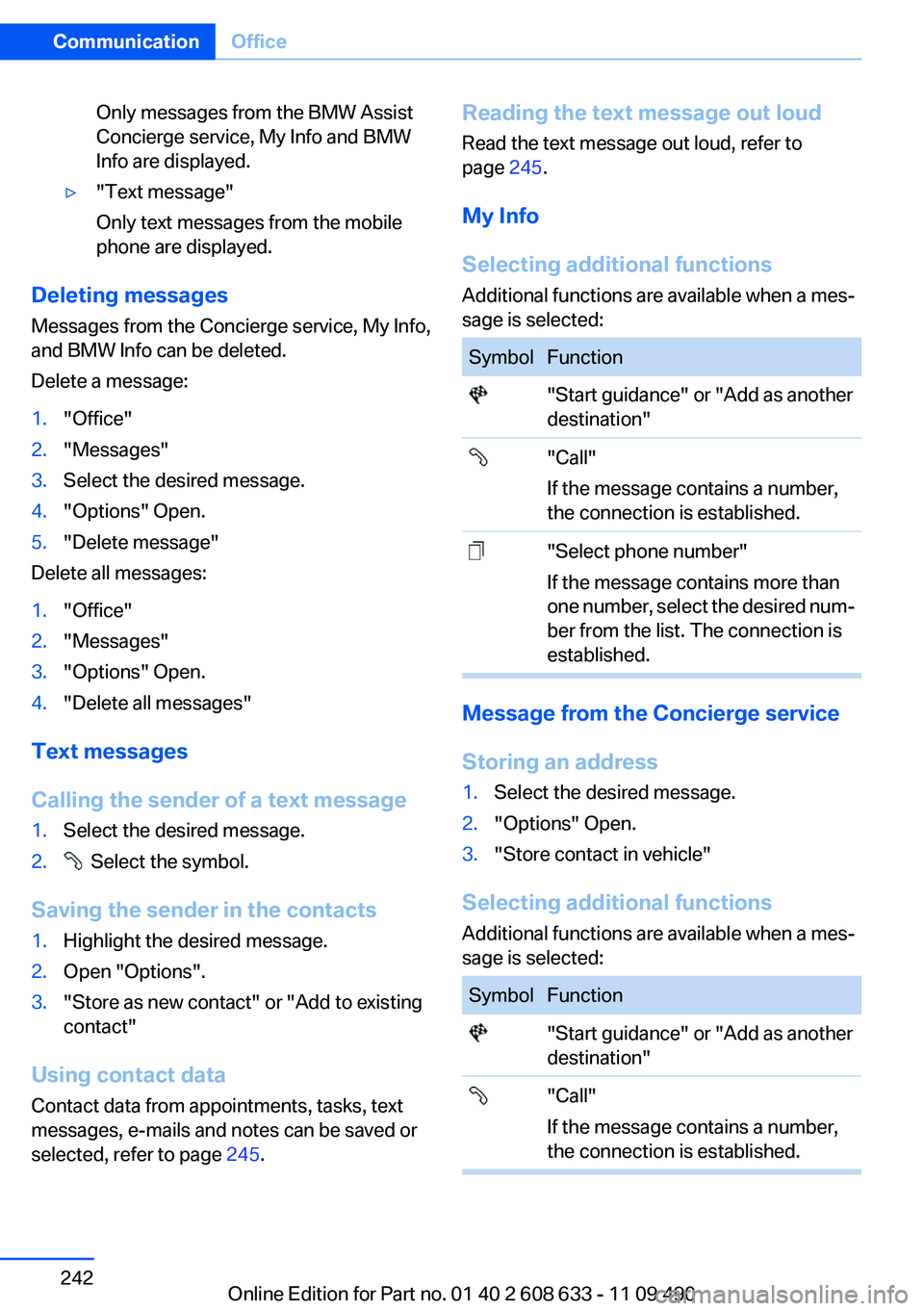 BMW 335I SEDAN 2012  Owners Manual Only messages from the BMW Assist
Concierge service, My Info and BMW
Info are displayed.▷"Text message"
Only text messages from the mobile
phone are displayed.
Deleting messages
Messages fro