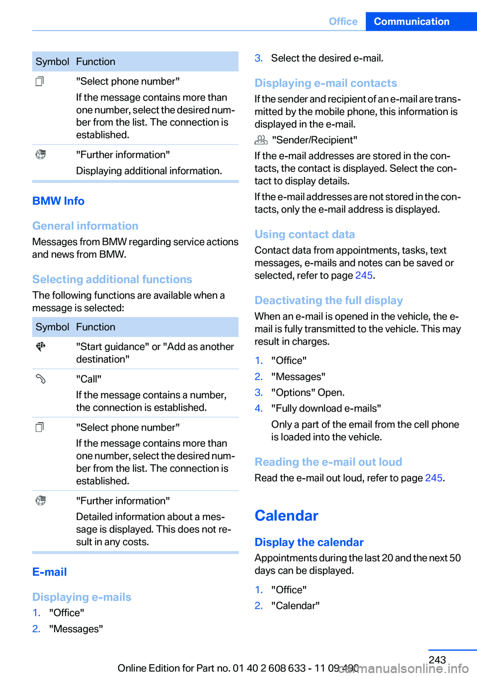 BMW 335I SEDAN 2012  Owners Manual SymbolFunction "Select phone number"
If the message contains more than
one number, select the desired num‐
ber from the list. The connection is
established. "Further information"
Dis