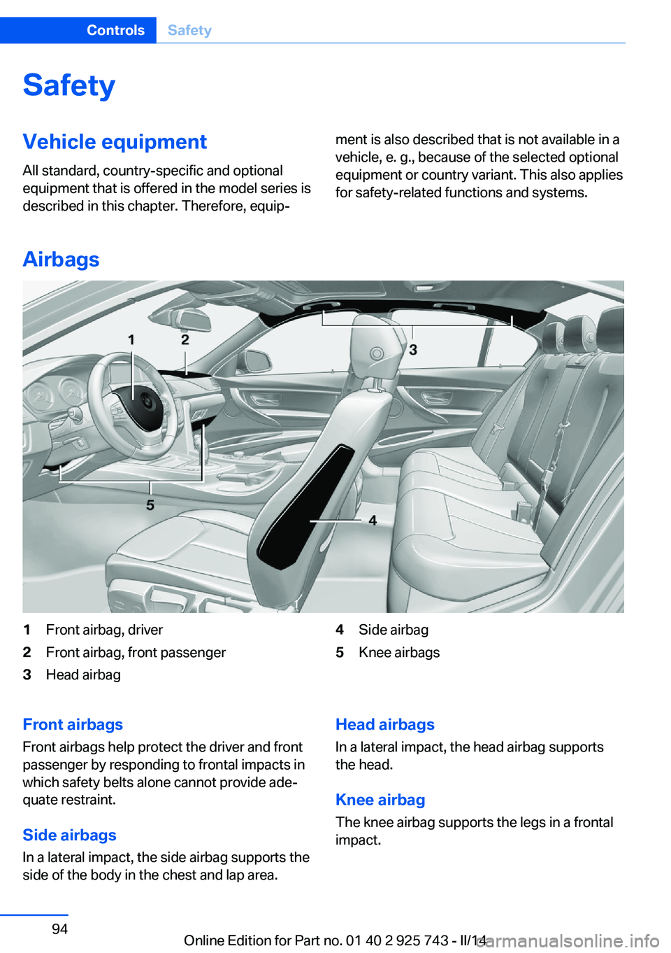 BMW 335I XDRIVE 2014 Owners Manual SafetyVehicle equipment
All standard, country-specific and optional
equipment that is offered in the model series is
described in this chapter. Therefore, equip‐ment is also described that is not av BMW 335I XDRIVE 2014 Owners Manual SafetyVehicle equipment
All standard, country-specific and optional
equipment that is offered in the model series is
described in this chapter. Therefore, equip‐ment is also described that is not av
