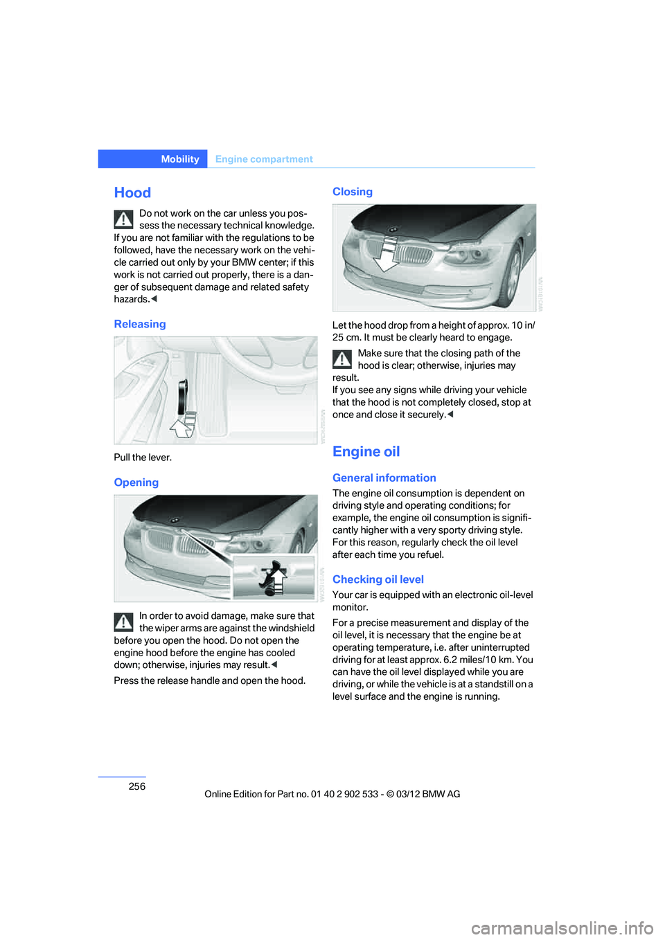 BMW 335I XDRIVE COUPE 2013 Owners Manual 256
MobilityEngine compartment
Hood
Do not work on the car unless you pos-
sess the necessary technical knowledge.
If you are not familiar with the regulations to be
followed, have the necessary wor BMW 335I XDRIVE COUPE 2013 Owners Manual 256
MobilityEngine compartment
Hood
Do not work on the car unless you pos-
sess the necessary technical knowledge.
If you are not familiar with the regulations to be
followed, have the necessary wor