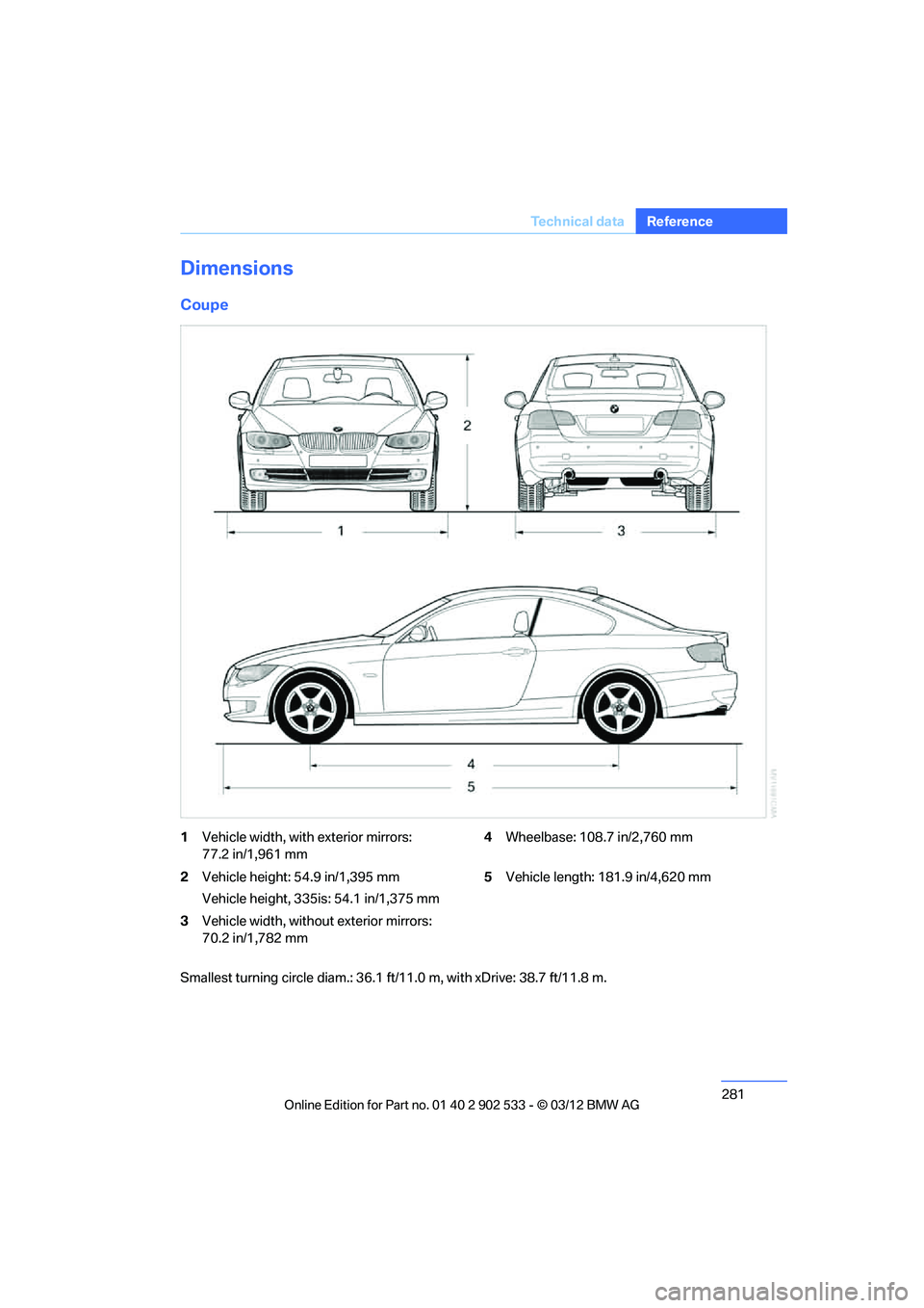 BMW 335I XDRIVE COUPE 2013 Owners Manual 281
Technical data
Reference
Dimensions
Coupe
1
Vehicle width, with exterior mirrors:
77.2 in/1,961 mm 4
Wheelbase: 108.7 in/2,760 mm
2 Vehicle height: 54.9 in/1,395 mm
Vehicle height, 335is: 54.1 in/ BMW 335I XDRIVE COUPE 2013 Owners Manual 281
Technical data
Reference
Dimensions
Coupe
1
Vehicle width, with exterior mirrors:
77.2 in/1,961 mm 4
Wheelbase: 108.7 in/2,760 mm
2 Vehicle height: 54.9 in/1,395 mm
Vehicle height, 335is: 54.1 in/