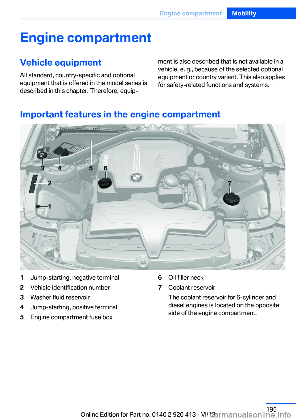 BMW 335I XDRIVE GRAN TURISMO 2014  Owners Manual Engine compartmentVehicle equipmentAll standard, country-specific and optional
equipment that is offered in the model series is
described in this chapter. Therefore, equip‐ment is also described tha