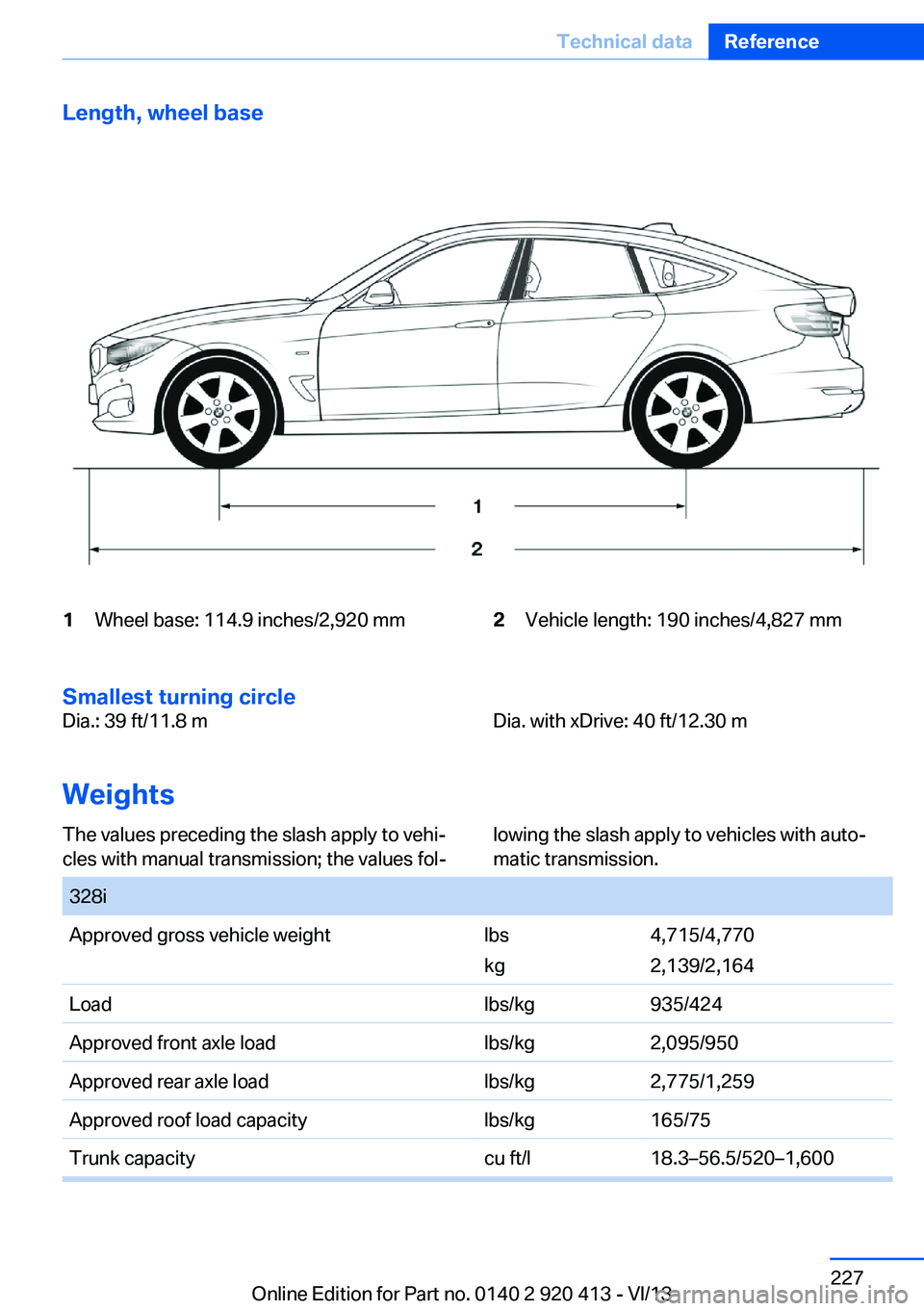 BMW 335I XDRIVE GRAN TURISMO 2014 Owners Manual Length, wheel base1Wheel base: 114.9 inches/2,920 mm2Vehicle length: 190 inches/4,827 mm
Smallest turning circle
Dia.: 39 ft/11.8 mDia. with xDrive: 40 ft/12.30 m
Weights
The values preceding the slas BMW 335I XDRIVE GRAN TURISMO 2014 Owners Manual Length, wheel base1Wheel base: 114.9 inches/2,920 mm2Vehicle length: 190 inches/4,827 mm
Smallest turning circle
Dia.: 39 ft/11.8 mDia. with xDrive: 40 ft/12.30 m
Weights
The values preceding the slas