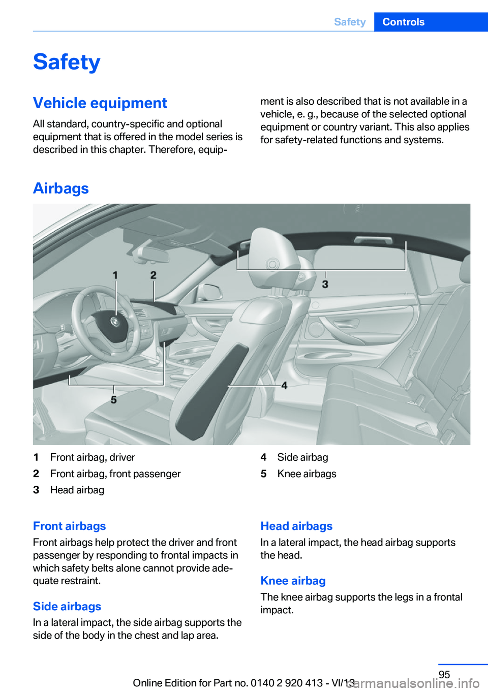 BMW 335I XDRIVE GRAN TURISMO 2014  Owners Manual SafetyVehicle equipment
All standard, country-specific and optional
equipment that is offered in the model series is
described in this chapter. Therefore, equip‐ment is also described that is not av