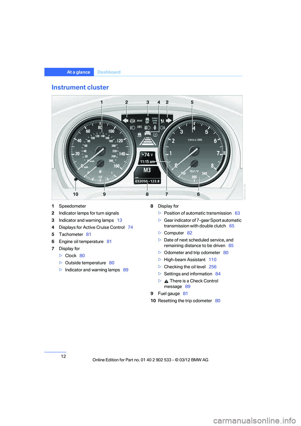 BMW 335IS CONVERTIBLE 2013  Owners Manual 12
At a glanceDashboard
Instrument cluster
1Speedometer
2 Indicator lamps for turn signals
3 Indicator and warning lamps 13
4 Displays for Active Cruise Control 74
5 Tachometer 81
6 Engine oil tempera