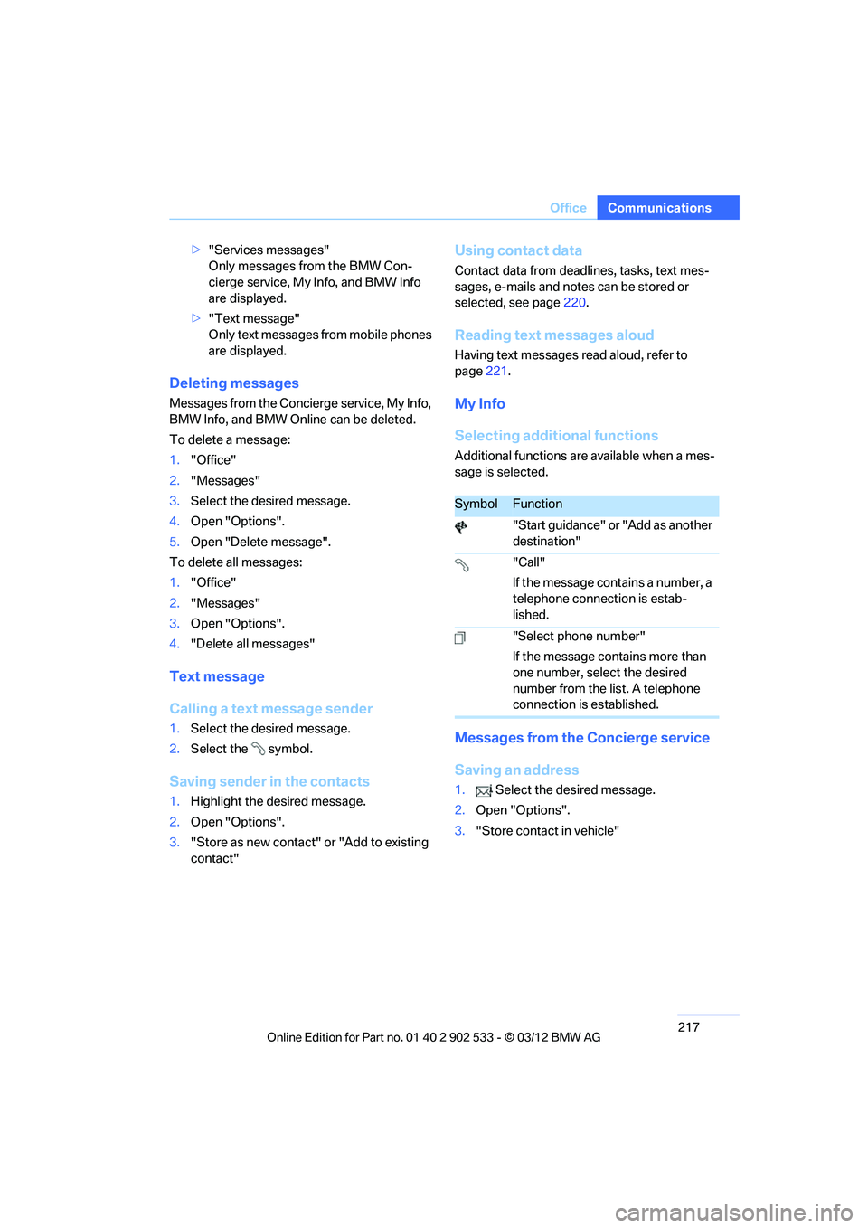 BMW 335IS CONVERTIBLE 2013  Owners Manual 217
Office
Communications
>
"Services messages"
Only messages from the BMW Con-
cierge service, My Info, and BMW Info 
are displayed.
> "Text message"
Only text messages from mobile phones 
are displa