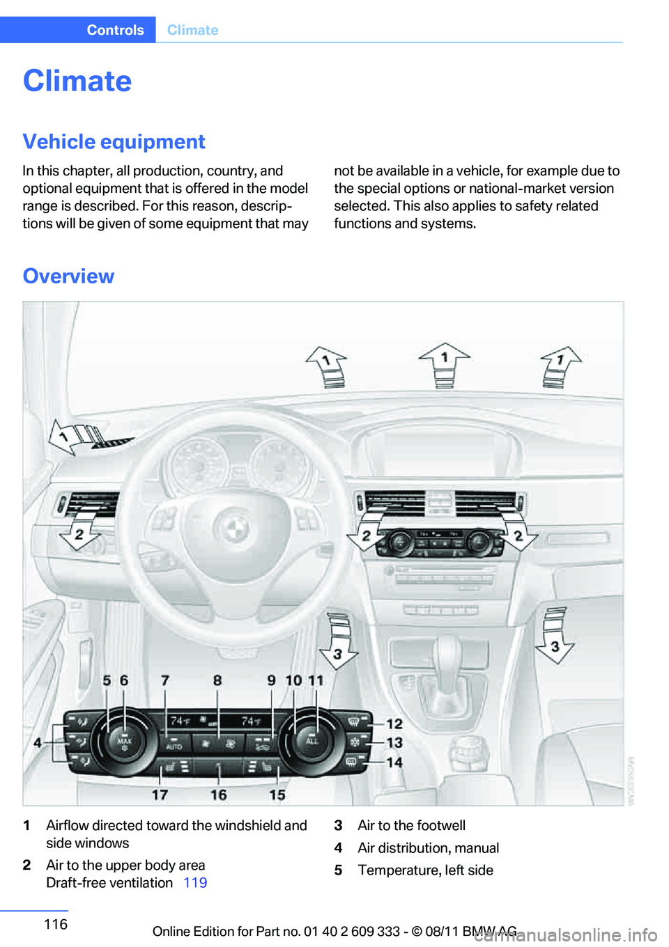 BMW 335IS CONVERTIBLE 2012 Owners Manual 116
ControlsClimate
Climate
Vehicle equipment
In this chapter, all pr oduction, country, and
optional equipment that is offered in the model
range is described. For this reason, descrip-
tions will BMW 335IS CONVERTIBLE 2012 Owners Manual 116
ControlsClimate
Climate
Vehicle equipment
In this chapter, all pr oduction, country, and
optional equipment that is offered in the model
range is described. For this reason, descrip-
tions will