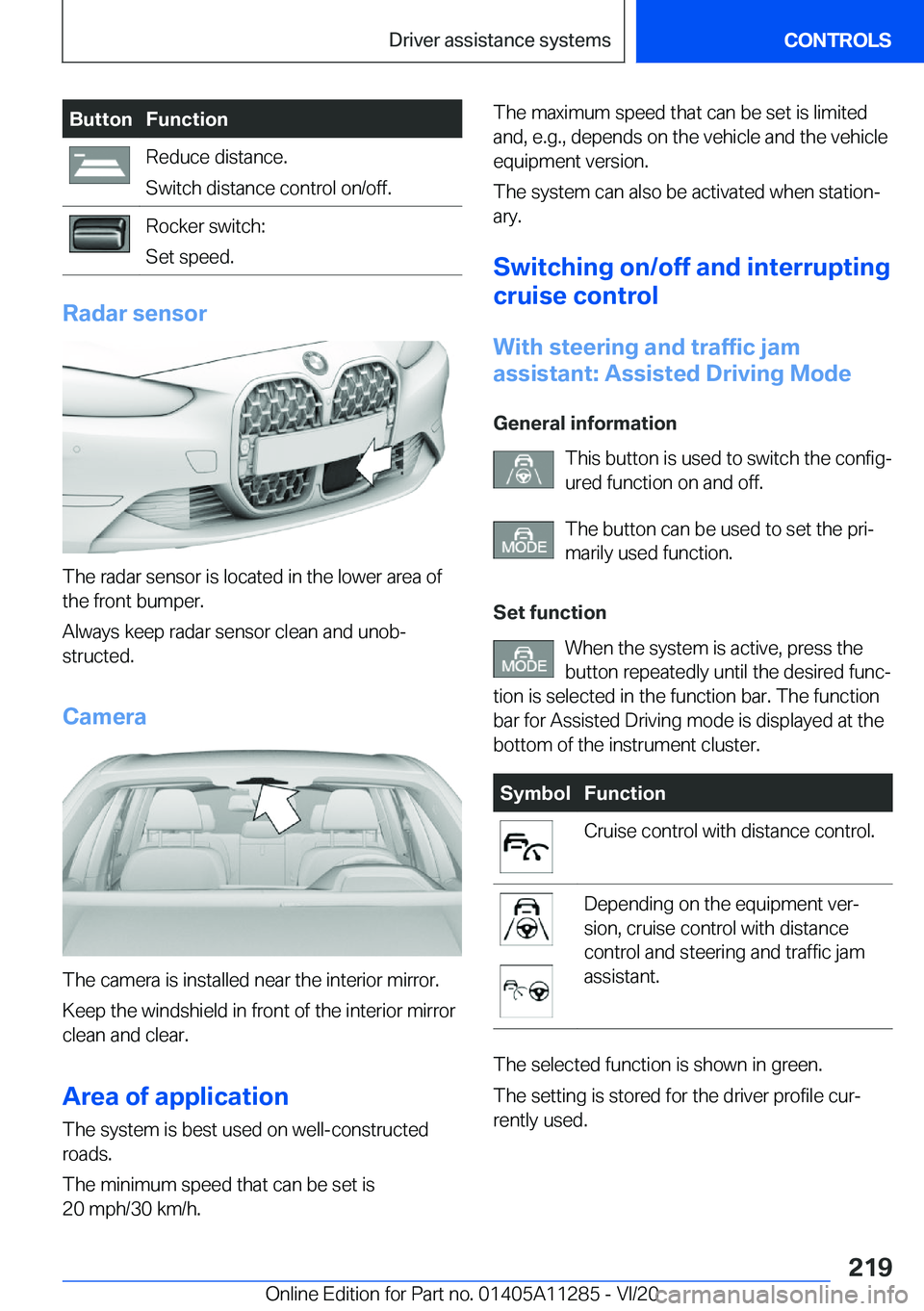 BMW 4 SERIES COUPE 2021  Owners Manual �B�u�t�t�o�n�F�u�n�c�t�i�o�n�R�e�d�u�c�e��d�i�s�t�a�n�c�e�.
�S�w�i�t�c�h��d�i�s�t�a�n�c�e��c�o�n�t�r�o�l��o�n�/�o�f�f�.�R�o�c�k�e�r��s�w�i�t�c�h�:
�S�e�t��s�p�e�e�d�.
�R�a�d�a�r��s�e�n�s�o�r
�T