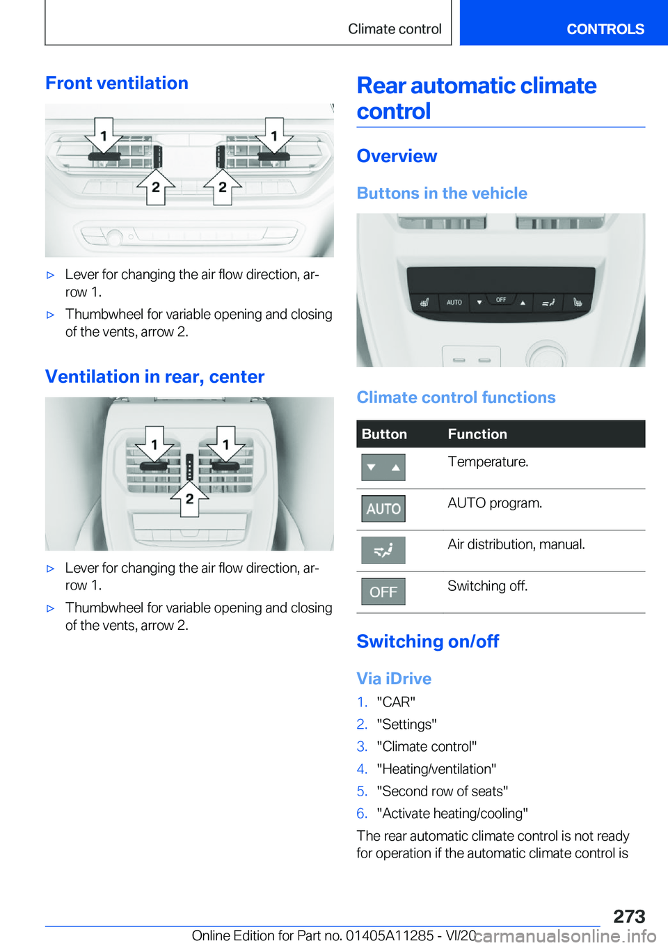 BMW 4 SERIES COUPE 2021  Owners Manual �F�r�o�n�t��v�e�n�t�i�l�a�t�i�o�n'x�L�e�v�e�r��f�o�r��c�h�a�n�g�i�n�g��t�h�e��a�i�r��f�l�o�w��d�i�r�e�c�t�i�o�n�,��a�r#j
�r�o�w��1�.'x�T�h�u�m�b�w�h�e�e�l��f�o�r��v�a�r�i�a�b�l�e��