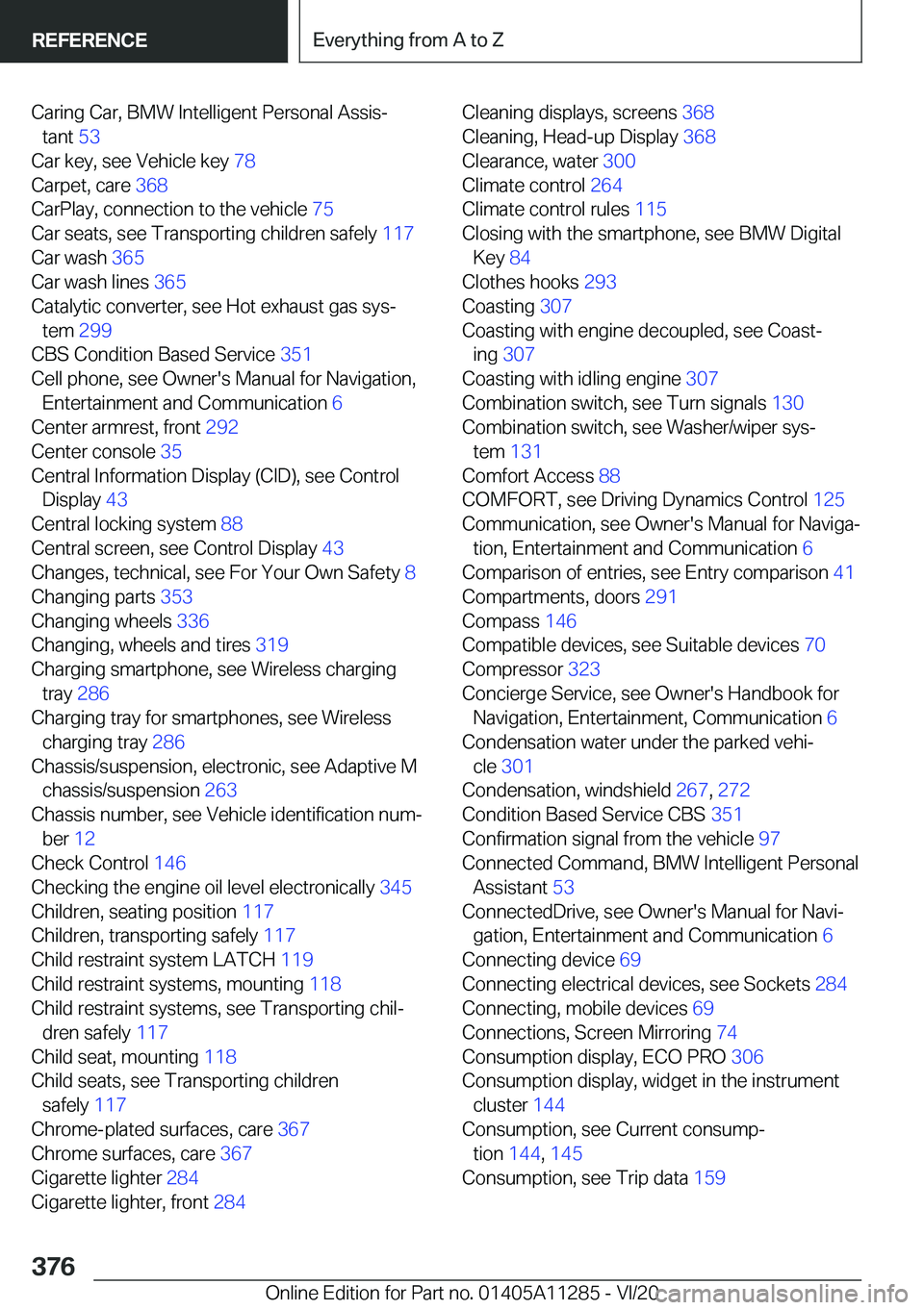 BMW 4 SERIES COUPE 2021  Owners Manual �C�a�r�i�n�g��C�a�r�,��B�M�W��I�n�t�e�l�l�i�g�e�n�t��P�e�r�s�o�n�a�l��A�s�s�i�s#j�t�a�n�t� �5�3�
�C�a�r��k�e�y�,��s�e�e��V�e�h�i�c�l�e��k�e�y� �7�8�
�C�a�r�p�e�t�,��c�a�r�e� �3�6�8�
�C
