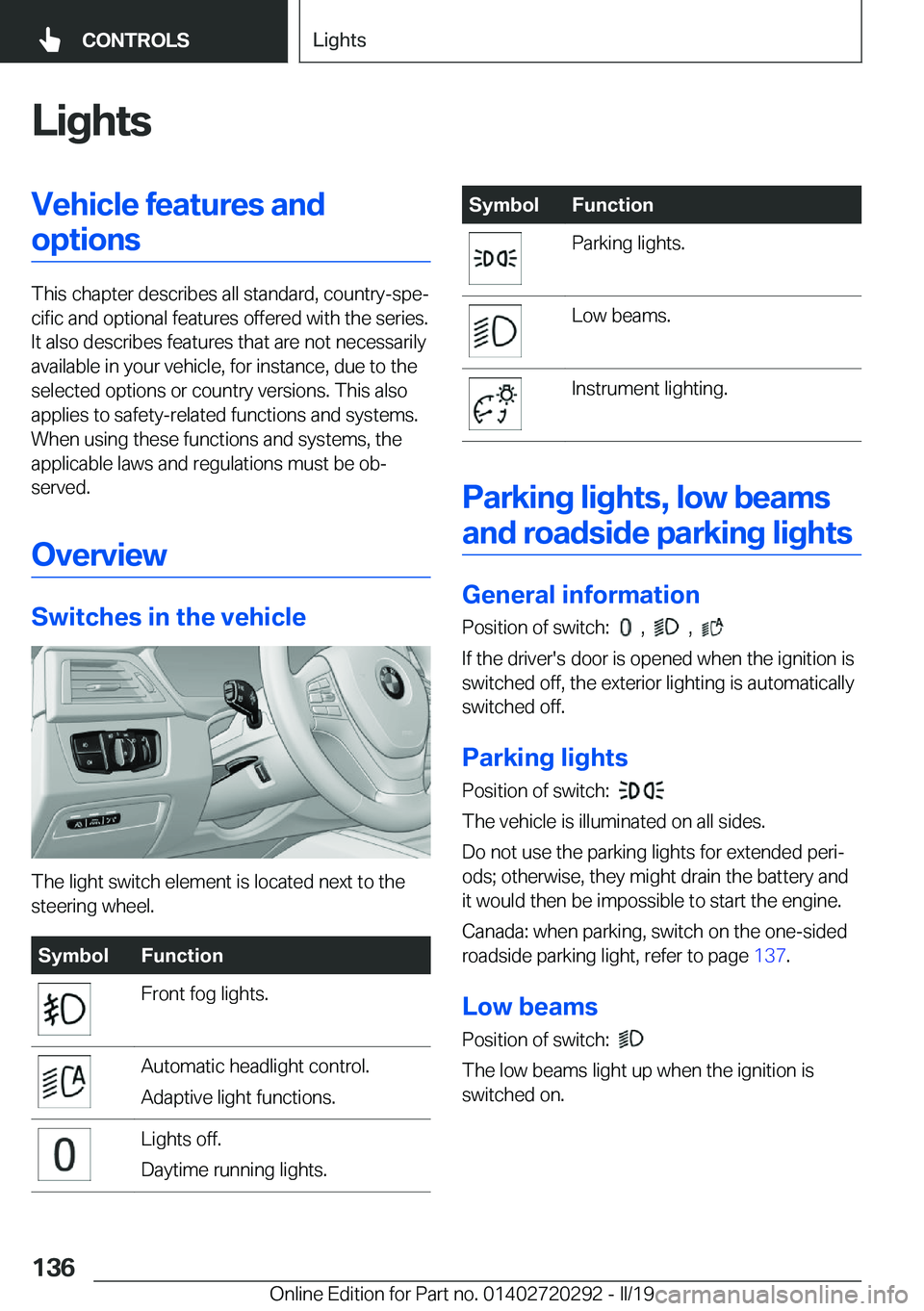 BMW 4 SERIES COUPE 2020  Owners Manual �L�i�g�h�t�s�V�e�h�i�c�l�e��f�e�a�t�u�r�e�s��a�n�d�o�p�t�i�o�n�s
�T�h�i�s��c�h�a�p�t�e�r��d�e�s�c�r�i�b�e�s��a�l�l��s�t�a�n�d�a�r�d�,��c�o�u�n�t�r�y�-�s�p�ej�c�i�f�i�c��a�n�d��o�p�t�i�o�n�a�