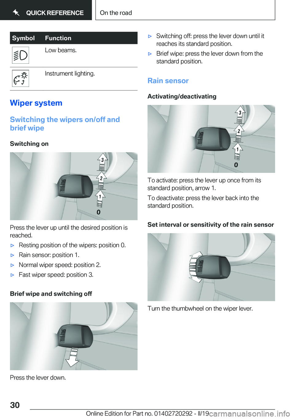 BMW 4 SERIES COUPE 2020 Owners Manual �S�y�m�b�o�l�F�u�n�c�t�i�o�n�L�o�w��b�e�a�m�s�.�I�n�s�t�r�u�m�e�n�t��l�i�g�h�t�i�n�g�.
�W�i�p�e�r��s�y�s�t�e�m
�S�w�i�t�c�h�i�n�g��t�h�e��w�i�p�e�r�s��o�n�/�o�f�f��a�n�d
�b�r�i�e�f��w�i�p�e
�S
