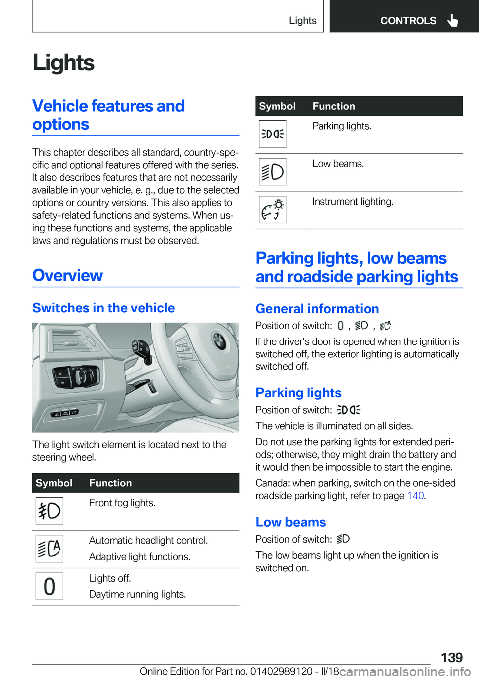 BMW 4 SERIES COUPE 2019  Owners Manual �L�i�g�h�t�s�V�e�h�i�c�l�e��f�e�a�t�u�r�e�s��a�n�d�o�p�t�i�o�n�s
�T�h�i�s� �c�h�a�p�t�e�r� �d�e�s�c�r�i�b�e�s� �a�l�l� �s�t�a�n�d�a�r�d�,� �c�o�u�n�t�r�y�-�s�p�ej�c�i�f�i�c� �a�n�d� �o�p�t�i�o�n�a�