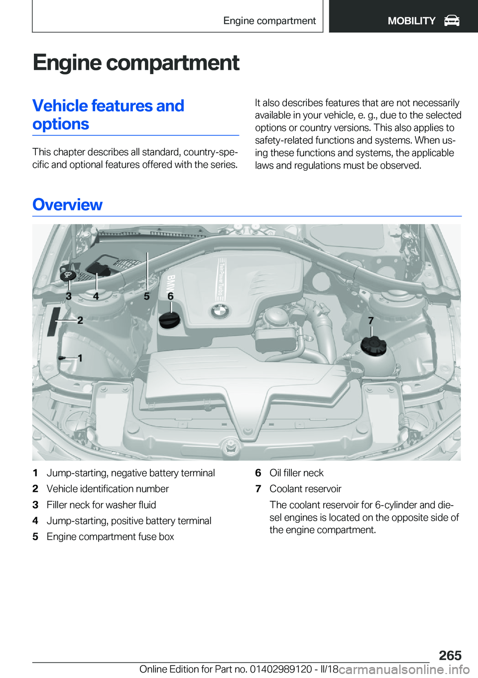 BMW 4 SERIES COUPE 2019  Owners Manual �E�n�g�i�n�e��c�o�m�p�a�r�t�m�e�n�t�V�e�h�i�c�l�e��f�e�a�t�u�r�e�s��a�n�d�o�p�t�i�o�n�s
�T�h�i�s� �c�h�a�p�t�e�r� �d�e�s�c�r�i�b�e�s� �a�l�l� �s�t�a�n�d�a�r�d�,� �c�o�u�n�t�r�y�-�s�p�ej�c�i�f�i�c�