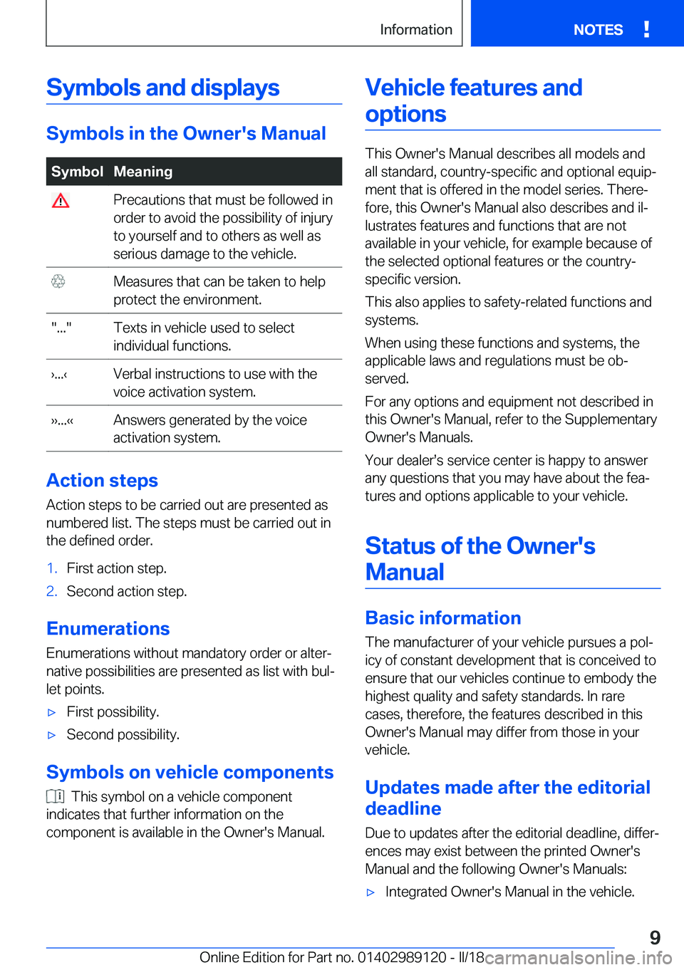 BMW 4 SERIES COUPE 2019  Owners Manual �S�y�m�b�o�l�s��a�n�d��d�i�s�p�l�a�y�s
�S�y�m�b�o�l�s��i�n��t�h�e��O�w�n�e�r�'�s��M�a�n�u�a�l
�S�y�m�b�o�l�M�e�a�n�i�n�g� �P�r�e�c�a�u�t�i�o�n�s� �t�h�a�t� �m�u�s�t� �b�e� �f�o�l�l�o�w�e�d� 