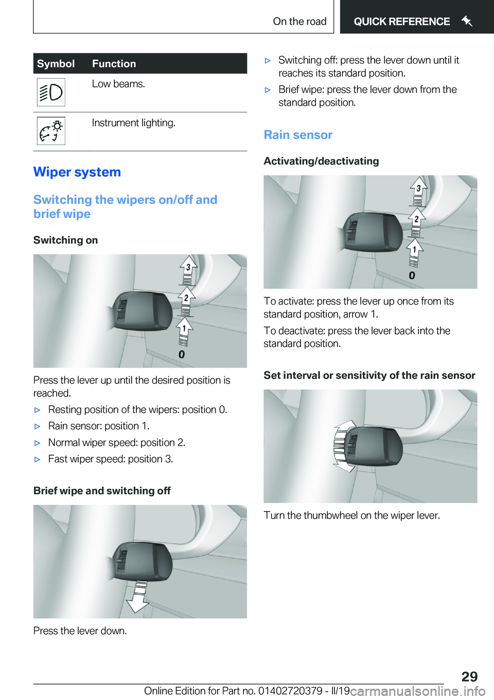 BMW 4 SERIES COUPE 2020 Owners Manual �S�y�m�b�o�l�F�u�n�c�t�i�o�n�L�o�w��b�e�a�m�s�.�I�n�s�t�r�u�m�e�n�t��l�i�g�h�t�i�n�g�.
�W�i�p�e�r��s�y�s�t�e�m
�S�w�i�t�c�h�i�n�g��t�h�e��w�i�p�e�r�s��o�n�/�o�f�f��a�n�d
�b�r�i�e�f��w�i�p�e
�S