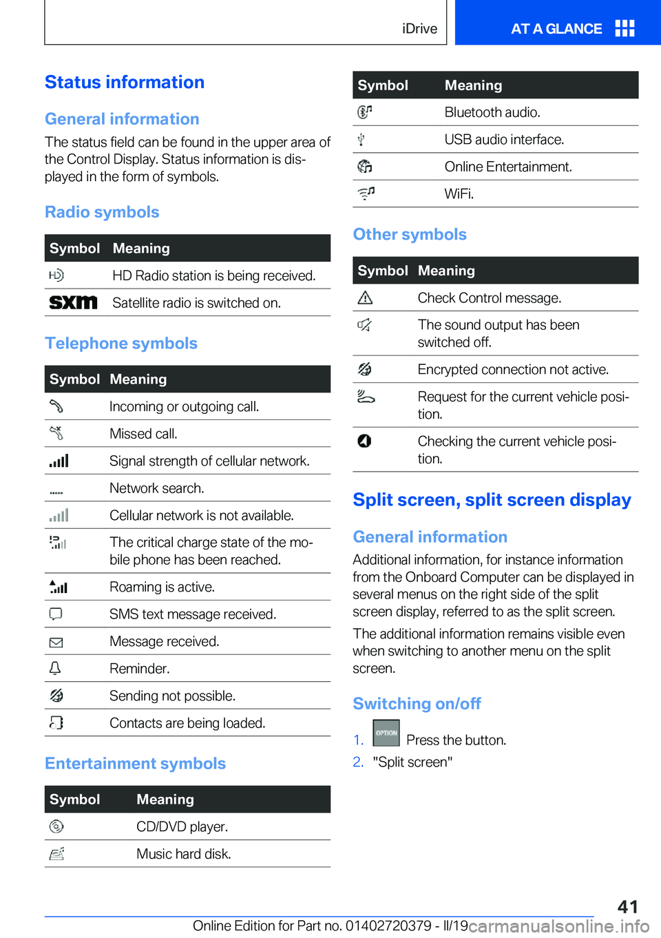 BMW 4 SERIES COUPE 2020 Service Manual �S�t�a�t�u�s��i�n�f�o�r�m�a�t�i�o�n�G�e�n�e�r�a�l��i�n�f�o�r�m�a�t�i�o�n
�T�h�e��s�t�a�t�u�s��f�i�e�l�d��c�a�n��b�e��f�o�u�n�d��i�n��t�h�e��u�p�p�e�r��a�r�e�a��o�f
�t�h�e��C�o�n�t�r�o�l�