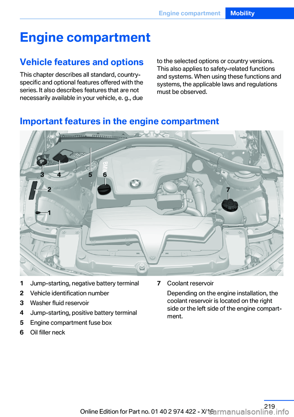 BMW 4 SERIES COUPE 2017  Owners Manual �E�n�g�i�n�e��c�o�m�p�a�r�t�m�e�n�t�V�e�h�i�c�l�e��f�e�a�t�u�r�e�s��a�n�d��o�p�t�i�o�n�s�T�h�i�s� �c�h�a�p�t�e�r� �d�e�s�c�r�i�b�e�s� �a�l�l� �s�t�a�n�d�a�r�d�,� �c�o�u�n�t�r�y�-�s�p�e�c�i�f�i�c� 