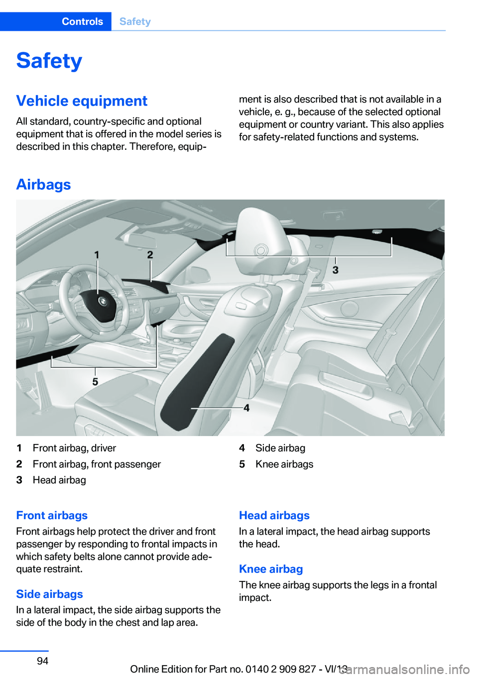 BMW 428I XDRIVE COUPE 2014  Owners Manual SafetyVehicle equipment
All standard, country-specific and optional
equipment that is offered in the model series is
described in this chapter. Therefore, equip‐ment is also described that is not av