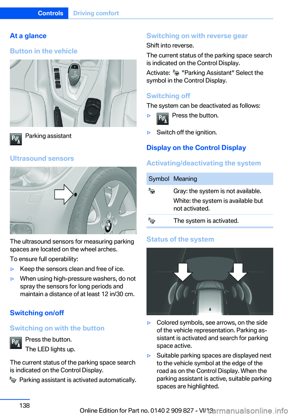 BMW 435I COUPE 2014  Owners Manual At a glance
Button in the vehicle
Parking assistant
Ultrasound sensors
The ultrasound sensors for measuring parking
spaces are located on the wheel arches.
To ensure full operability:
▷Keep the sens