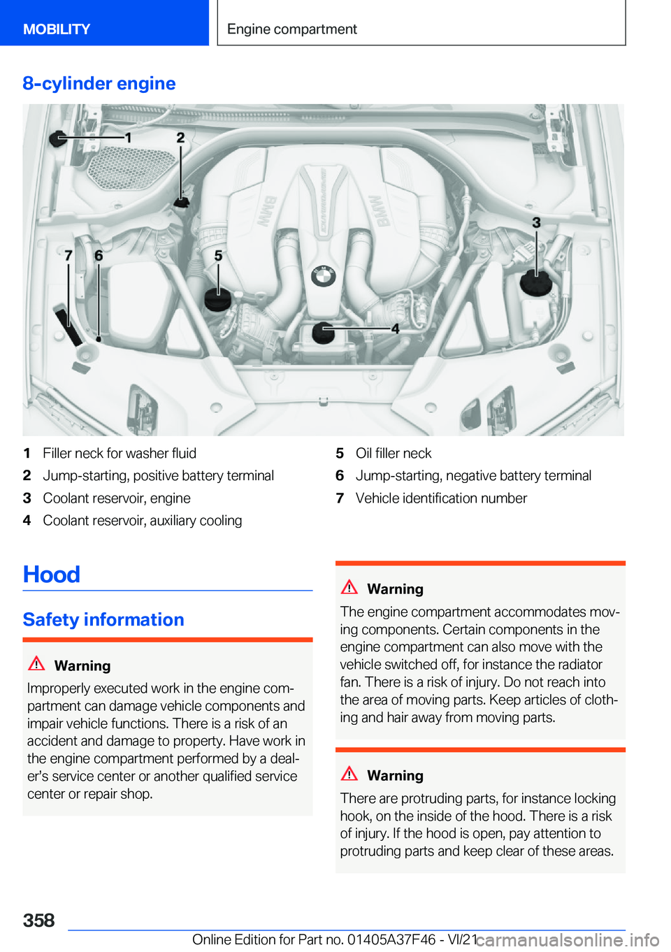 BMW 5 SERIES 2022  Owners Manual �8�-�c�y�l�i�n�d�e�r��e�n�g�i�n�e�1�F�i�l�l�e�r��n�e�c�k��f�o�r��w�a�s�h�e�r��f�l�u�i�d�2�J�u�m�p�-�s�t�a�r�t�i�n�g�,��p�o�s�i�t�i�v�e��b�a�t�t�e�r�y��t�e�r�m�i�n�a�l�3�C�o�o�l�a�n�t��r�e�s�e
