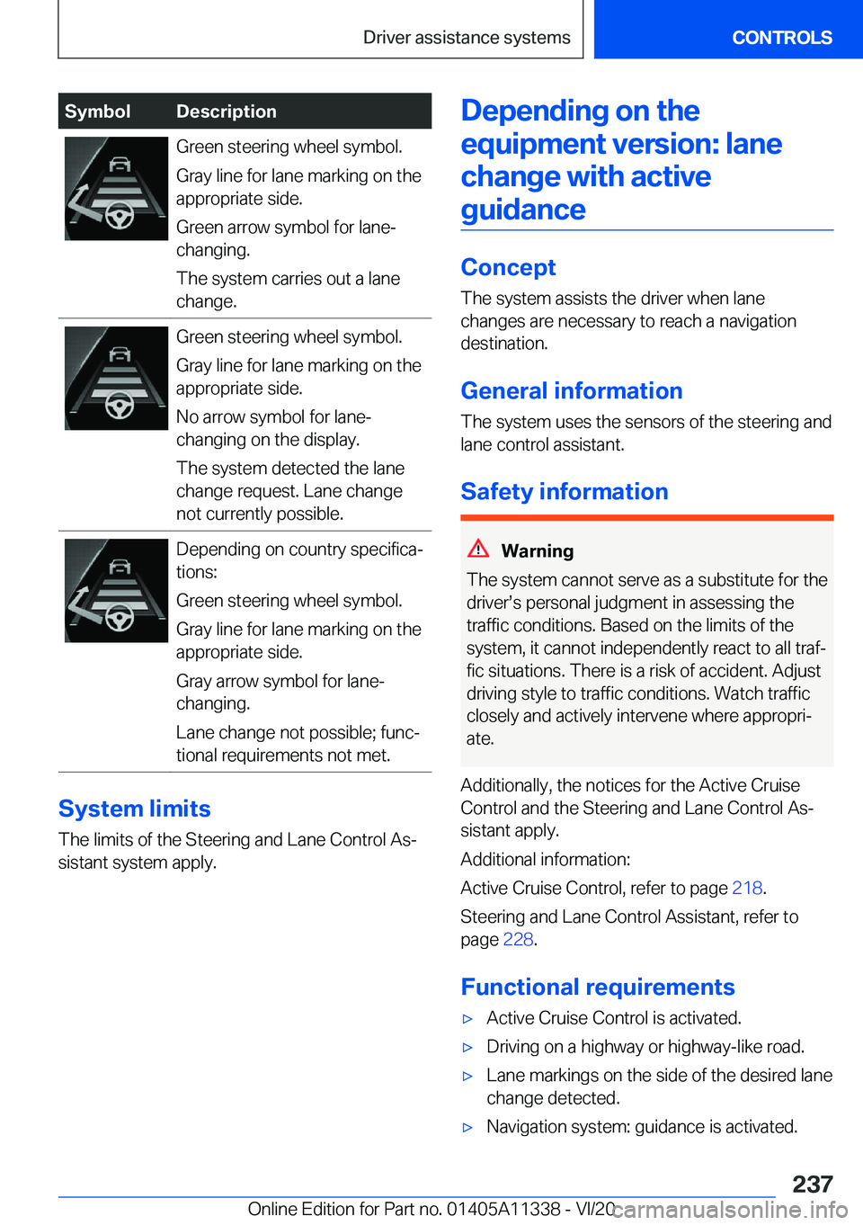 BMW 5 SERIES 2021  Owners Manual �S�y�m�b�o�l�D�e�s�c�r�i�p�t�i�o�n�G�r�e�e�n��s�t�e�e�r�i�n�g��w�h�e�e�l��s�y�m�b�o�l�.
�G�r�a�y��l�i�n�e��f�o�r��l�a�n�e��m�a�r�k�i�n�g��o�n��t�h�e
�a�p�p�r�o�p�r�i�a�t�e��s�i�d�e�.
�G�r�e�