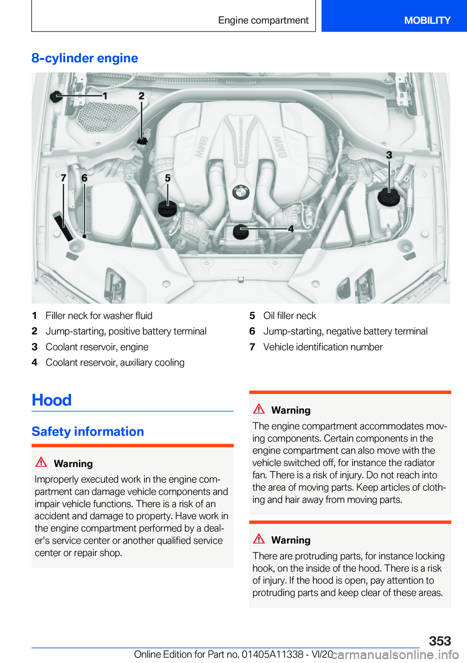 BMW 5 SERIES 2021  Owners Manual �8�-�c�y�l�i�n�d�e�r��e�n�g�i�n�e�1�F�i�l�l�e�r��n�e�c�k��f�o�r��w�a�s�h�e�r��f�l�u�i�d�2�J�u�m�p�-�s�t�a�r�t�i�n�g�,��p�o�s�i�t�i�v�e��b�a�t�t�e�r�y��t�e�r�m�i�n�a�l�3�C�o�o�l�a�n�t��r�e�s�e