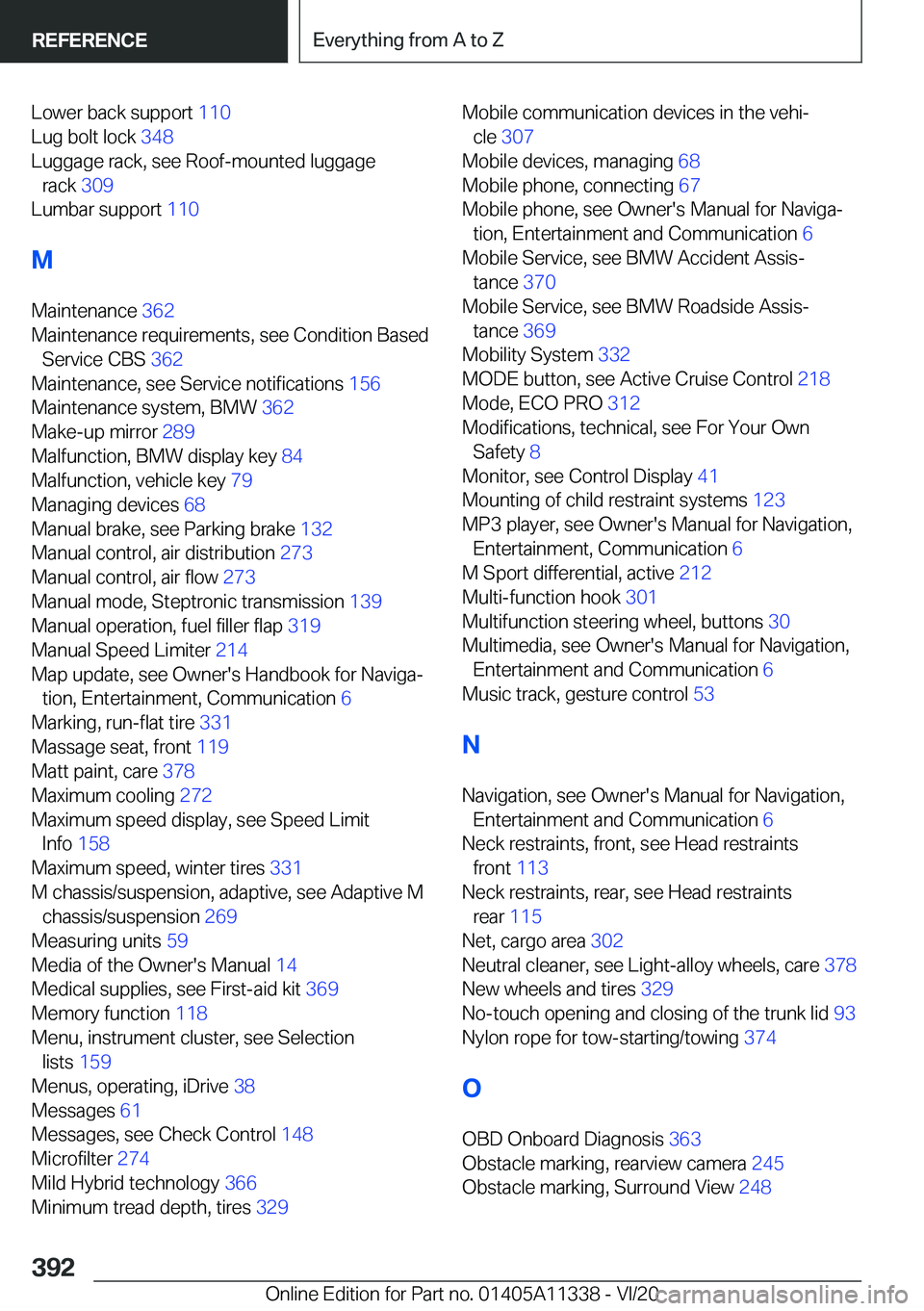 BMW 5 SERIES 2021  Owners Manual �L�o�w�e�r��b�a�c�k��s�u�p�p�o�r�t��1�1�0�
�L�u�g��b�o�l�t��l�o�c�k� �3�4�8�
�L�u�g�g�a�g�e��r�a�c�k�,��s�e�e��R�o�o�f�-�m�o�u�n�t�e�d��l�u�g�g�a�g�e �r�a�c�k� �3�0�9�
�L�u�m�b�a�r��s�u