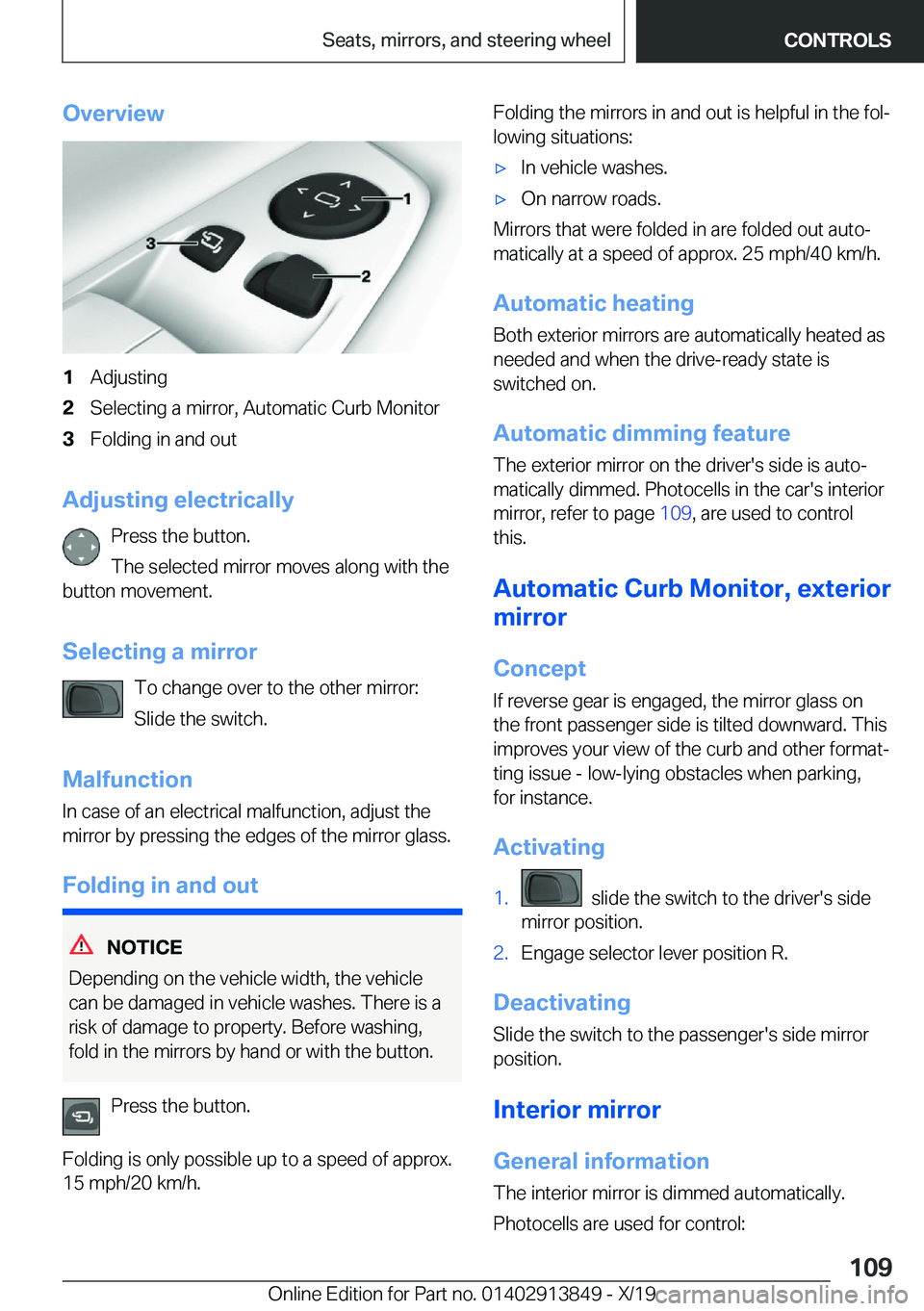 BMW 5 SERIES 2020  Owners Manual �O�v�e�r�v�i�e�w�1�A�d�j�u�s�t�i�n�g�2�S�e�l�e�c�t�i�n�g��a��m�i�r�r�o�r�,��A�u�t�o�m�a�t�i�c��C�u�r�b��M�o�n�i�t�o�r�3�F�o�l�d�i�n�g��i�n��a�n�d��o�u�t
�A�d�j�u�s�t�i�n�g��e�l�e�c�t�r�i�c�a�