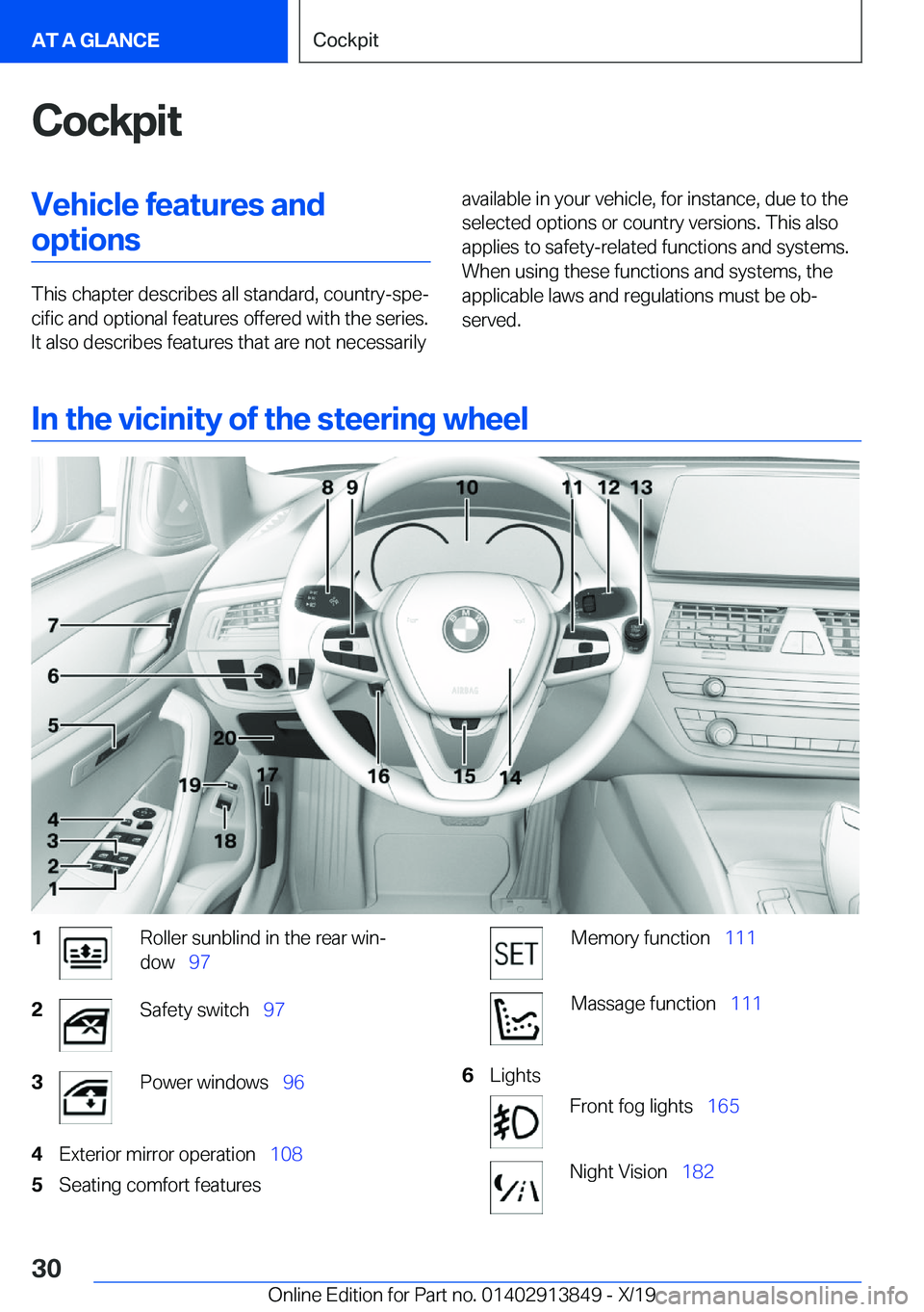 BMW 5 SERIES 2020 Owners Manual �C�o�c�k�p�i�t�V�e�h�i�c�l�e��f�e�a�t�u�r�e�s��a�n�d�o�p�t�i�o�n�s
�T�h�i�s��c�h�a�p�t�e�r��d�e�s�c�r�i�b�e�s��a�l�l��s�t�a�n�d�a�r�d�,��c�o�u�n�t�r�y�-�s�p�e#j�c�i�f�i�c��a�n�d��o�p�t�i�o�n�