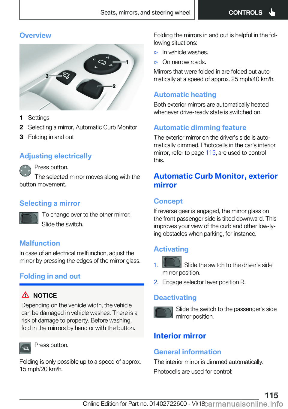 BMW 5 SERIES 2019  Owners Manual �O�v�e�r�v�i�e�w�1�S�e�t�t�i�n�g�s�2�S�e�l�e�c�t�i�n�g��a��m�i�r�r�o�r�,��A�u�t�o�m�a�t�i�c��C�u�r�b��M�o�n�i�t�o�r�3�F�o�l�d�i�n�g��i�n��a�n�d��o�u�t
�A�d�j�u�s�t�i�n�g��e�l�e�c�t�r�i�c�a�l�