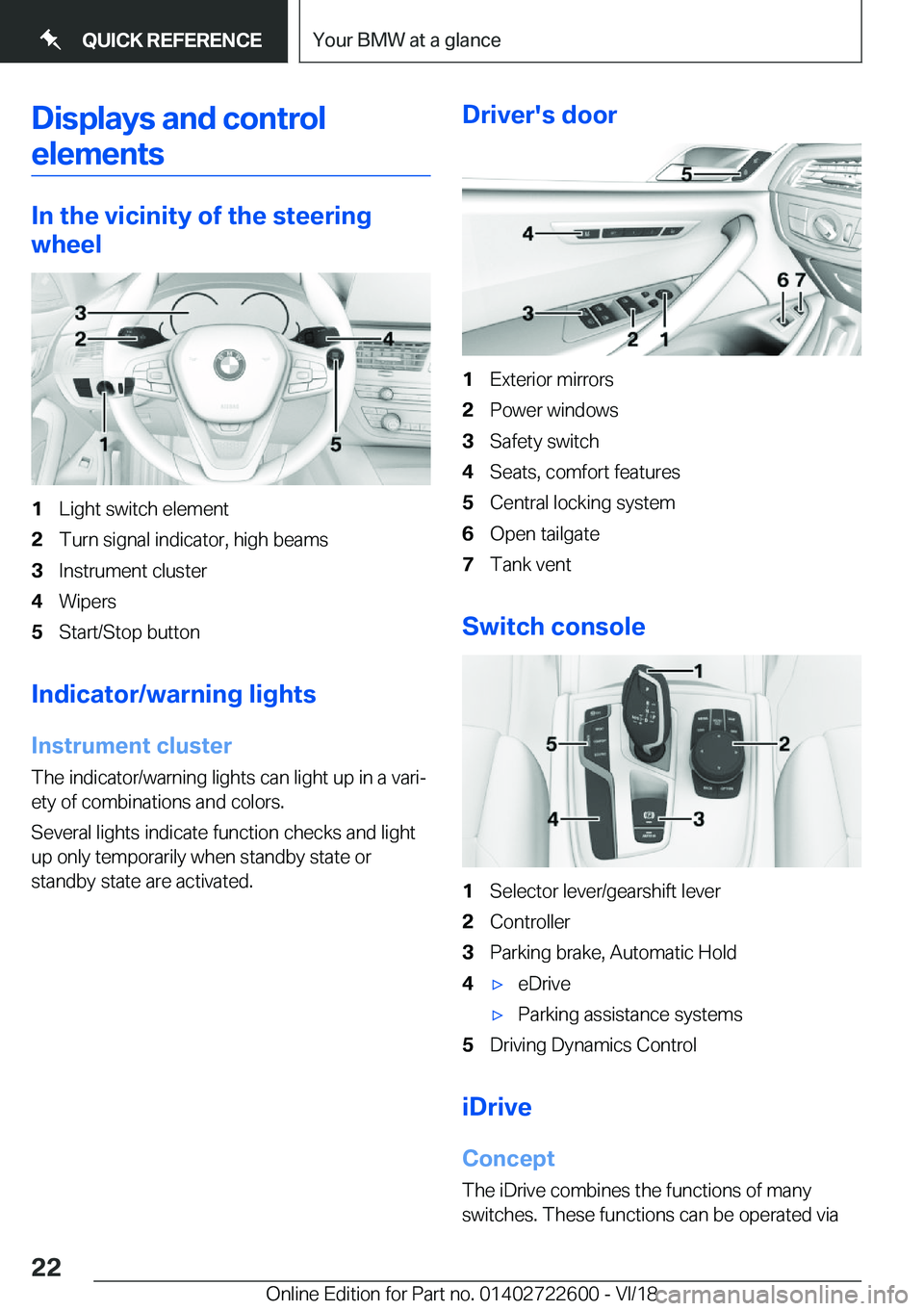 BMW 5 SERIES 2019 Owners Manual �D�i�s�p�l�a�y�s��a�n�d��c�o�n�t�r�o�l�e�l�e�m�e�n�t�s
�I�n��t�h�e��v�i�c�i�n�i�t�y��o�f��t�h�e��s�t�e�e�r�i�n�g
�w�h�e�e�l
�1�L�i�g�h�t��s�w�i�t�c�h��e�l�e�m�e�n�t�2�T�u�r�n��s�i�g�n�a�l��