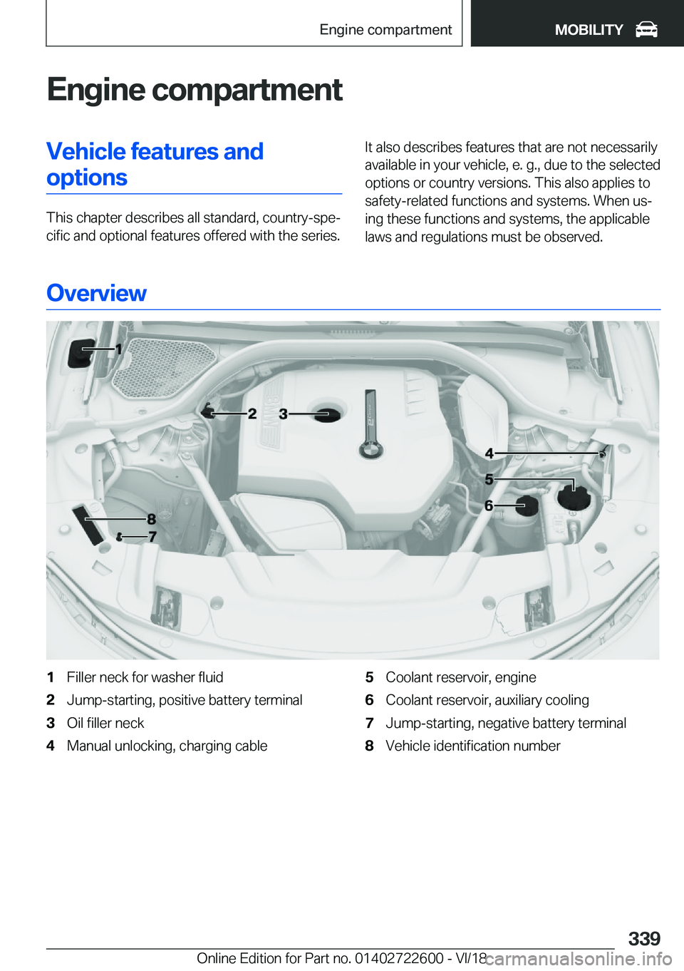 BMW 5 SERIES 2019  Owners Manual �E�n�g�i�n�e��c�o�m�p�a�r�t�m�e�n�t�V�e�h�i�c�l�e��f�e�a�t�u�r�e�s��a�n�d�o�p�t�i�o�n�s
�T�h�i�s��c�h�a�p�t�e�r��d�e�s�c�r�i�b�e�s��a�l�l��s�t�a�n�d�a�r�d�,��c�o�u�n�t�r�y�-�s�p�ej�c�i�f�i�c�