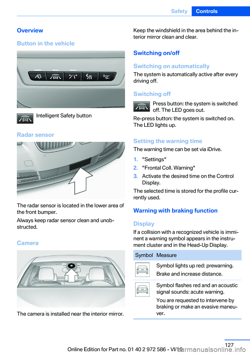 BMW 5 SERIES 2016  Owners Manual �O�v�e�r�v�i�e�w
�B�u�t�t�o�n��i�n��t�h�e��v�e�h�i�c�l�e
�I�n�t�e�l�l�i�g�e�n�t� �S�a�f�e�t�y� �b�u�t�t�o�n
�R�a�d�a�r��s�e�n�s�o�r
�T�h�e� �r�a�d�a�r� �s�e�n�s�o�r� �i�s� �l�o�c�a�t�e�d� �i�n� �t