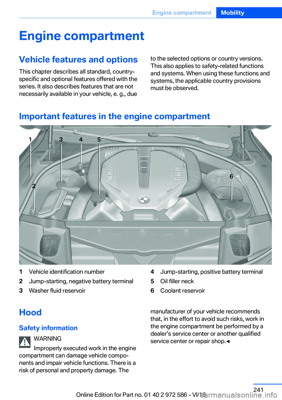 BMW 5 SERIES 2016  Owners Manual �E�n�g�i�n�e��c�o�m�p�a�r�t�m�e�n�t�V�e�h�i�c�l�e��f�e�a�t�u�r�e�s��a�n�d��o�p�t�i�o�n�s�T�h�i�s� �c�h�a�p�t�e�r� �d�e�s�c�r�i�b�e�s� �a�l�l� �s�t�a�n�d�a�r�d�,� �c�o�u�n�t�r�y�-�s�p�e�c�i�f�i�c� 