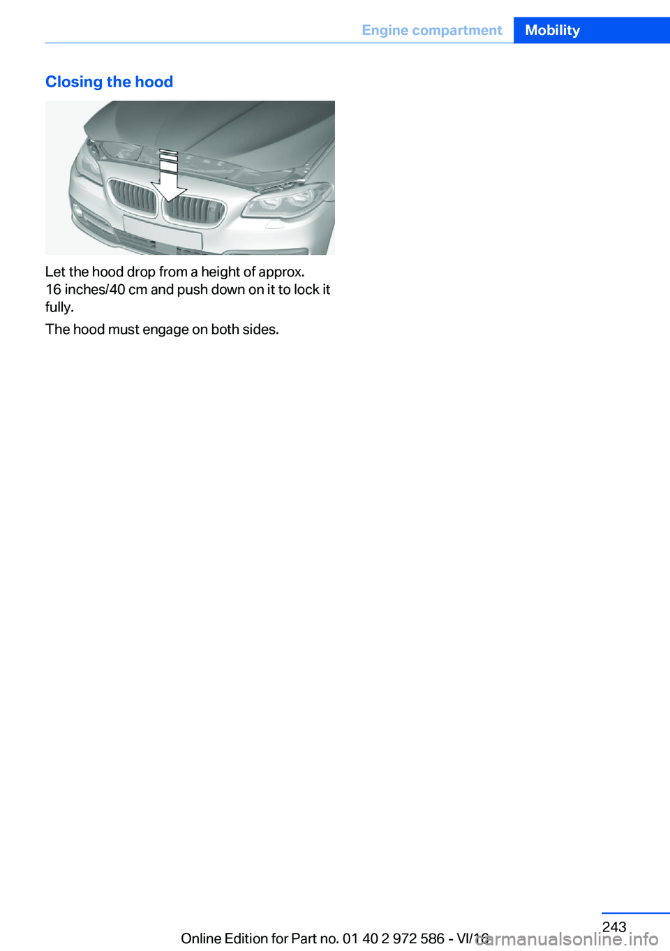 BMW 5 SERIES 2016  Owners Manual �C�l�o�s�i�n�g��t�h�e��h�o�o�d
�L�e�t� �t�h�e� �h�o�o�d� �d�r�o�p� �f�r�o�m� �a� �h�e�i�g�h�t� �o�f� �a�p�p�r�o�x�.
�1�6� �i�n�c�h�e�s�/�4�0� �c�m� �a�n�d� �p�u�s�h� �d�o�w�n� �o�n� �i�t� �t�o� �l�o
