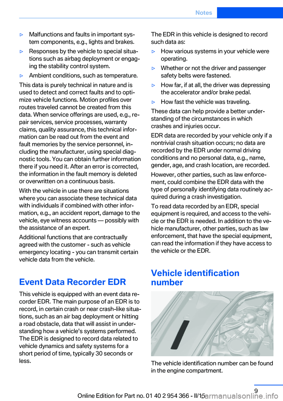 BMW 5 SERIES ACTIVE HYBRID 2015 Owners Manual ▷Malfunctions and faults in important sys‐
tem components, e.g., lights and brakes.▷Responses by the vehicle to special situa‐
tions such as airbag deployment or engag‐
ing the stability con BMW 5 SERIES ACTIVE HYBRID 2015 Owners Manual ▷Malfunctions and faults in important sys‐
tem components, e.g., lights and brakes.▷Responses by the vehicle to special situa‐
tions such as airbag deployment or engag‐
ing the stability con
