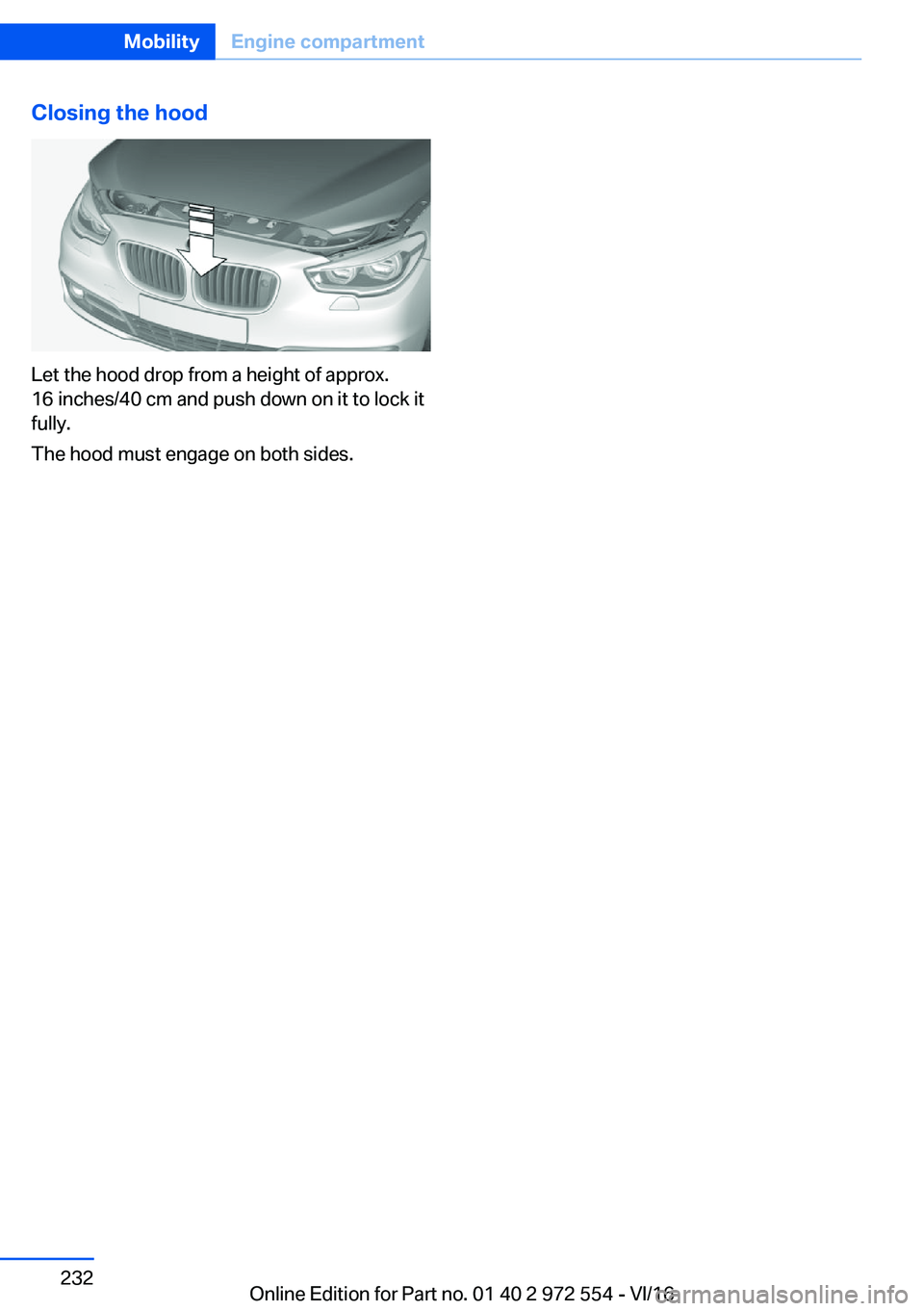 BMW 5 SERIES GRAN TURISMO 2017  Owners Manual �C�l�o�s�i�n�g��t�h�e��h�o�o�d
�L�e�t� �t�h�e� �h�o�o�d� �d�r�o�p� �f�r�o�m� �a� �h�e�i�g�h�t� �o�f� �a�p�p�r�o�x�.
�1�6� �i�n�c�h�e�s�/�4�0� �c�m� �a�n�d� �p�u�s�h� �d�o�w�n� �o�n� �i�t� �t�o� �l�o