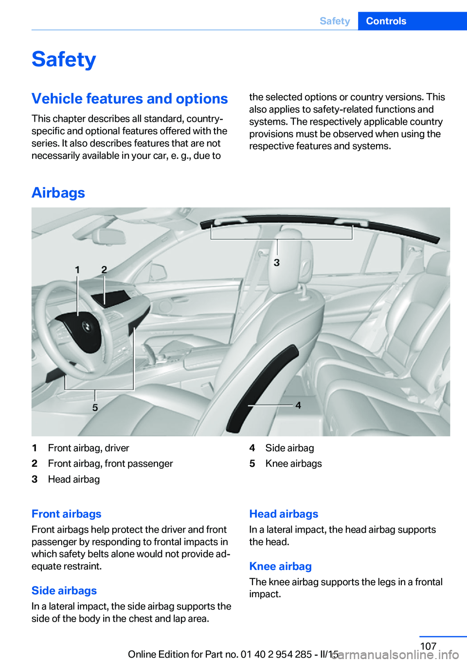 BMW 5 SERIES GRAN TURISMO 2015 Owners Manual SafetyVehicle features and options
This chapter describes all standard, country-
specific and optional features offered with the
series. It also describes features that are not
necessarily available i BMW 5 SERIES GRAN TURISMO 2015 Owners Manual SafetyVehicle features and options
This chapter describes all standard, country-
specific and optional features offered with the
series. It also describes features that are not
necessarily available i