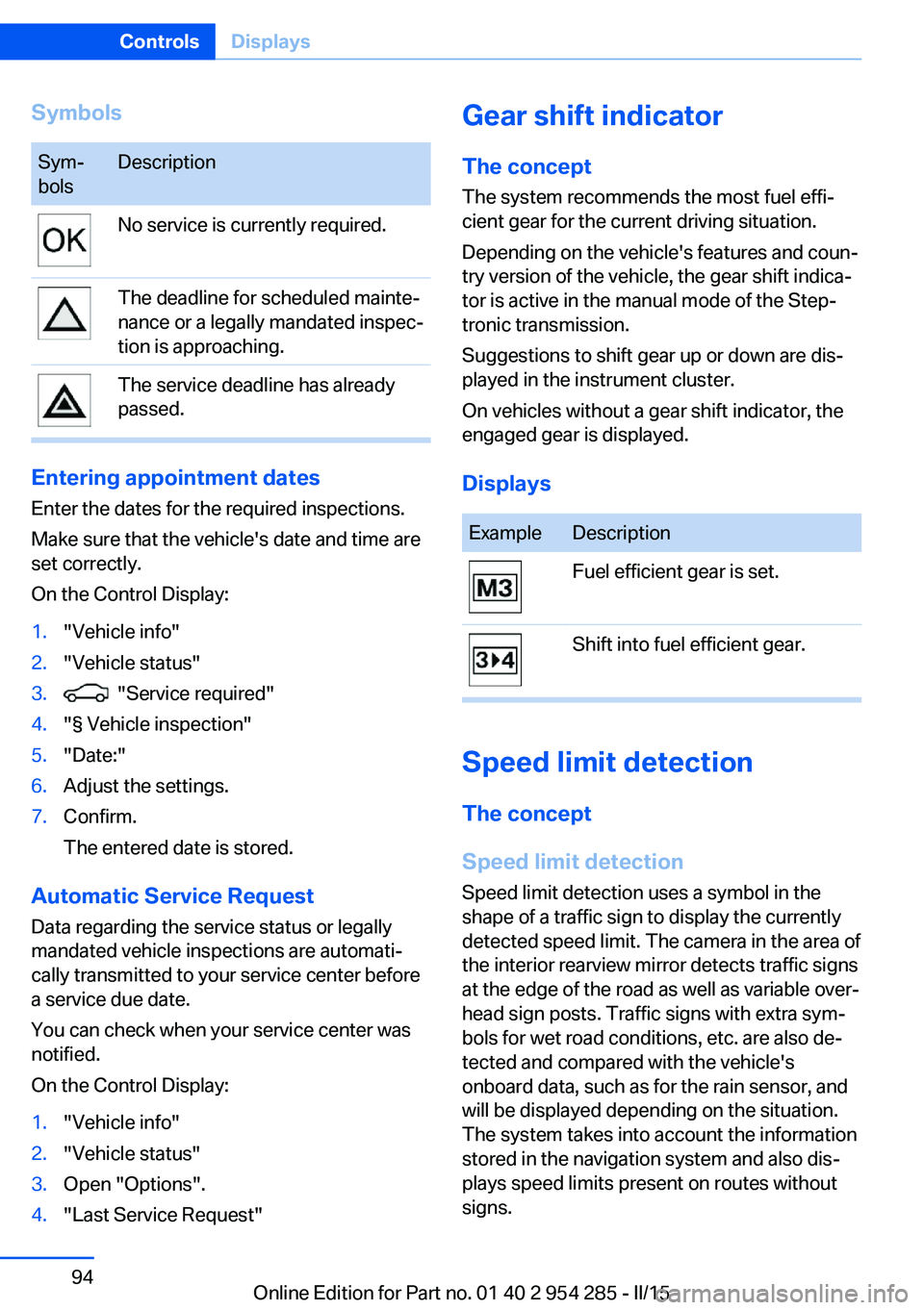 BMW 5 SERIES GRAN TURISMO 2015 Owners Manual SymbolsSym‐
bolsDescriptionNo service is currently required.The deadline for scheduled mainte‐
nance or a legally mandated inspec‐
tion is approaching.The service deadline has already
passed.
En BMW 5 SERIES GRAN TURISMO 2015 Owners Manual SymbolsSym‐
bolsDescriptionNo service is currently required.The deadline for scheduled mainte‐
nance or a legally mandated inspec‐
tion is approaching.The service deadline has already
passed.
En