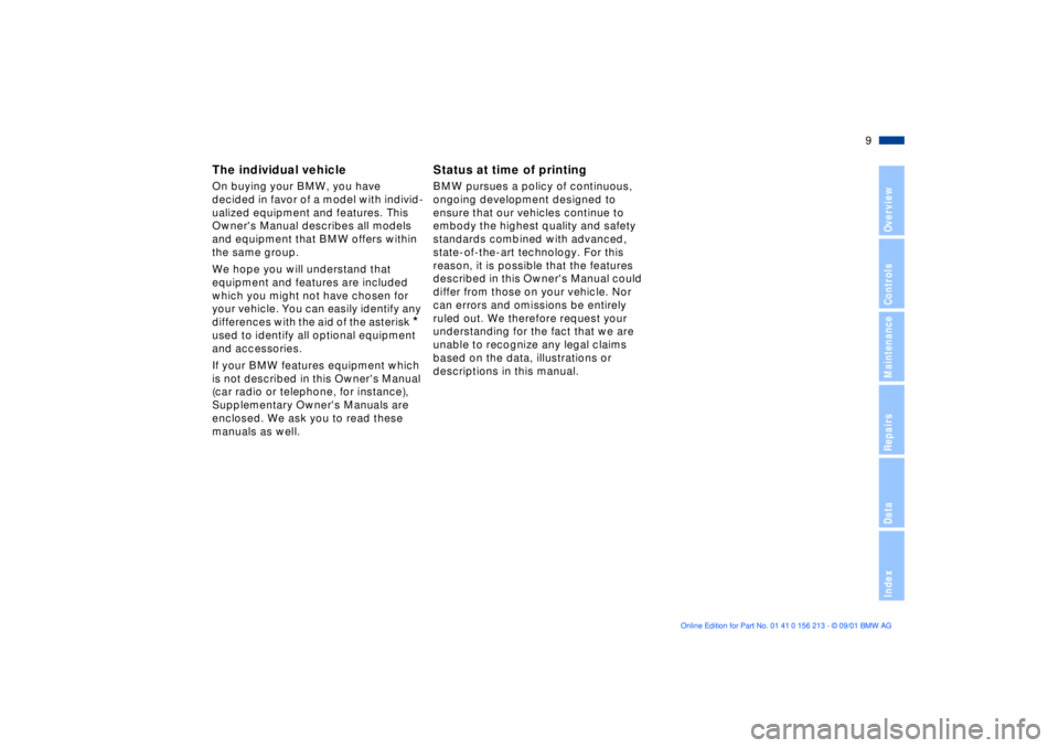 BMW 525I SPORT WAGON 2002  Owners Manual  
9n
 
OverviewControlsMaintenanceRepairsDataIndex
 
The individual vehicle
 
On buying your BMW, you have 
decided in favor of a model with individ-
ualized equipment and features. This 
Owners Manu