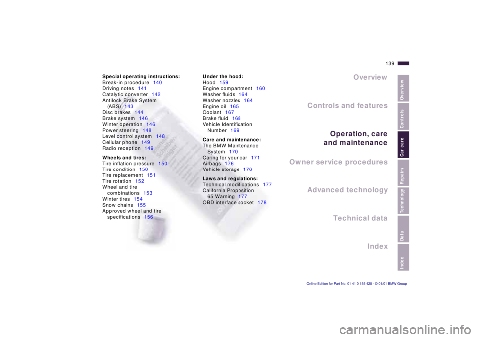 BMW 525I SPORT WAGON 2001  Owners Manual Index
Data
Technology
Repairs
Car care
Controls
Overview
Overview
Controls and features Operation, care
and maintenance
Owner service procedures
Technical dataIndex
Advanced technology
139
n
Special o