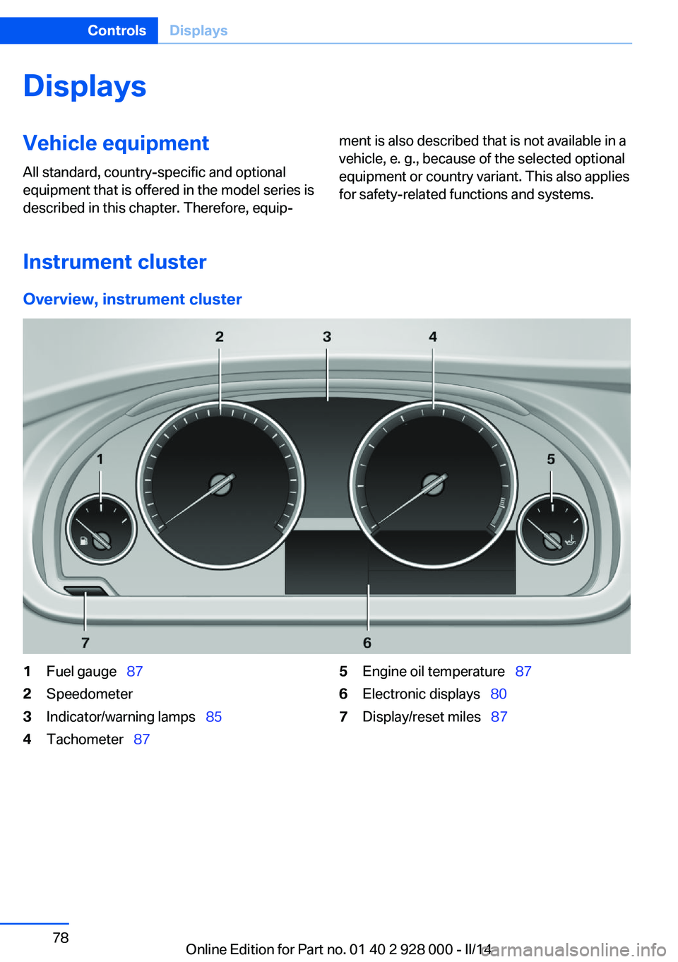 BMW 528I 2014  Owners Manual DisplaysVehicle equipmentAll standard, country-specific and optional
equipment that is offered in the model series is
described in this chapter. Therefore, equip‐ment is also described that is not a