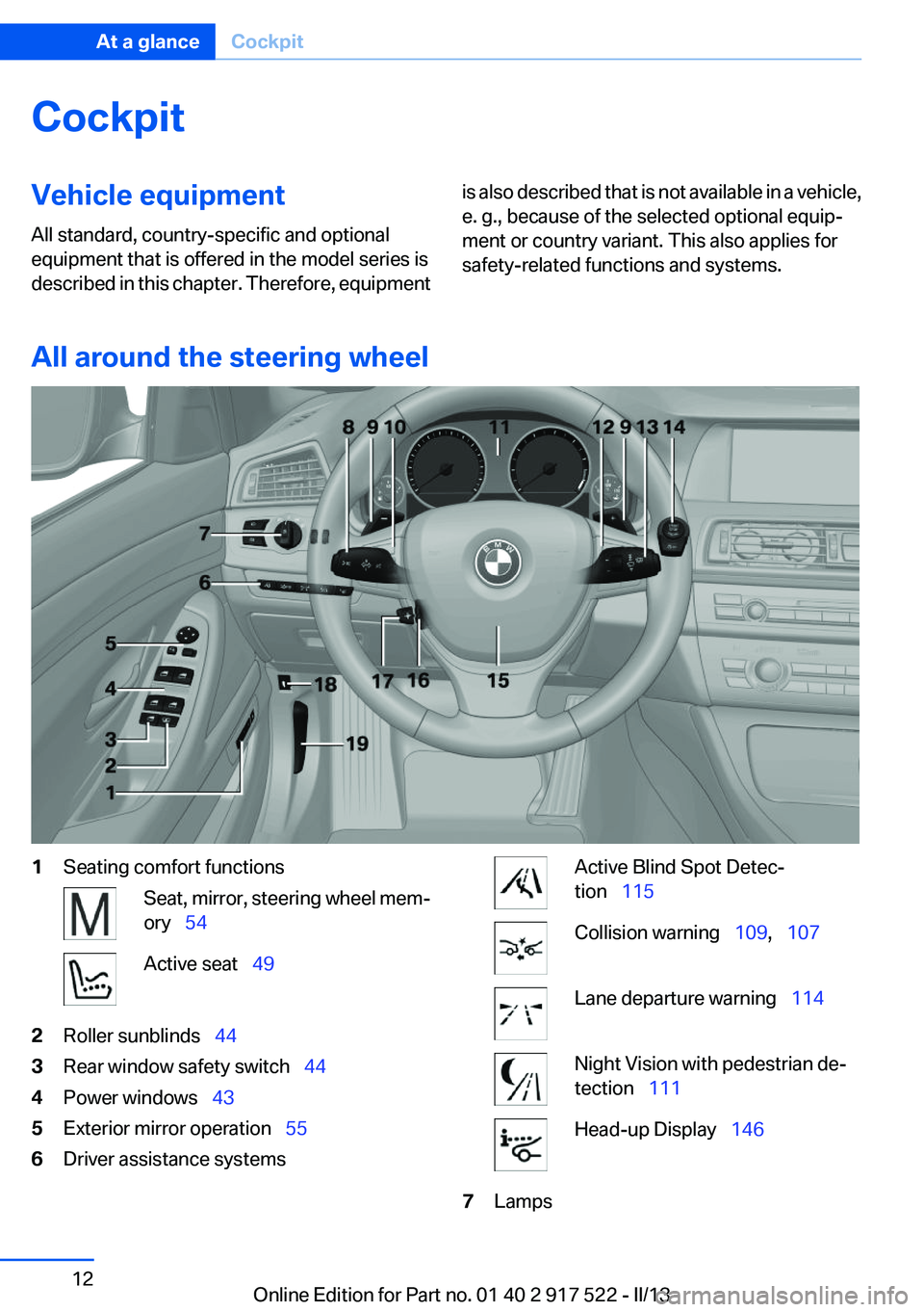 BMW 528I 2013 User Guide CockpitVehicle equipment
All standard, country-specific and optional
equipment that is offered in the model series is
described in this chapter. Therefore, equipmentis also described that is not avail BMW 528I 2013 User Guide CockpitVehicle equipment
All standard, country-specific and optional
equipment that is offered in the model series is
described in this chapter. Therefore, equipmentis also described that is not avail