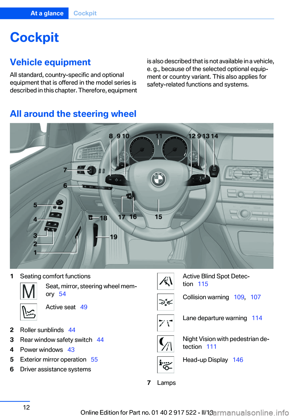 BMW 528I XDRIVE 2013 User Guide CockpitVehicle equipment
All standard, country-specific and optional
equipment that is offered in the model series is
described in this chapter. Therefore, equipmentis also described that is not avail